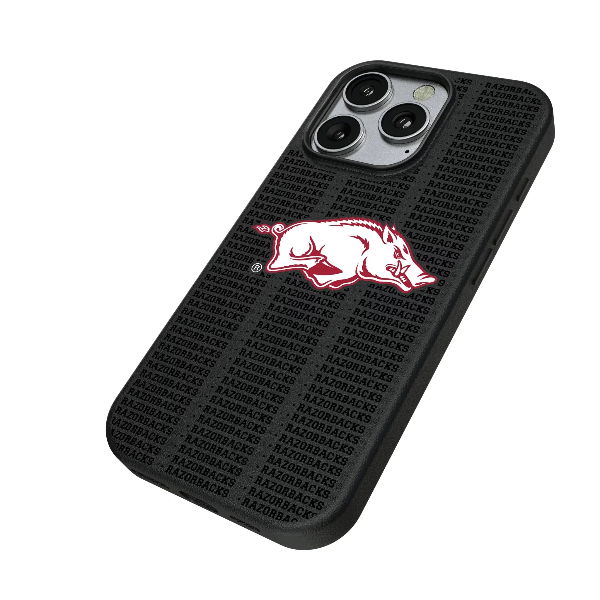 University of Arkansas Fayetteville Razorbacks Text Backdrop iPhone MagSafe Compatible Phone Case for Apple iPhone - Isometric View