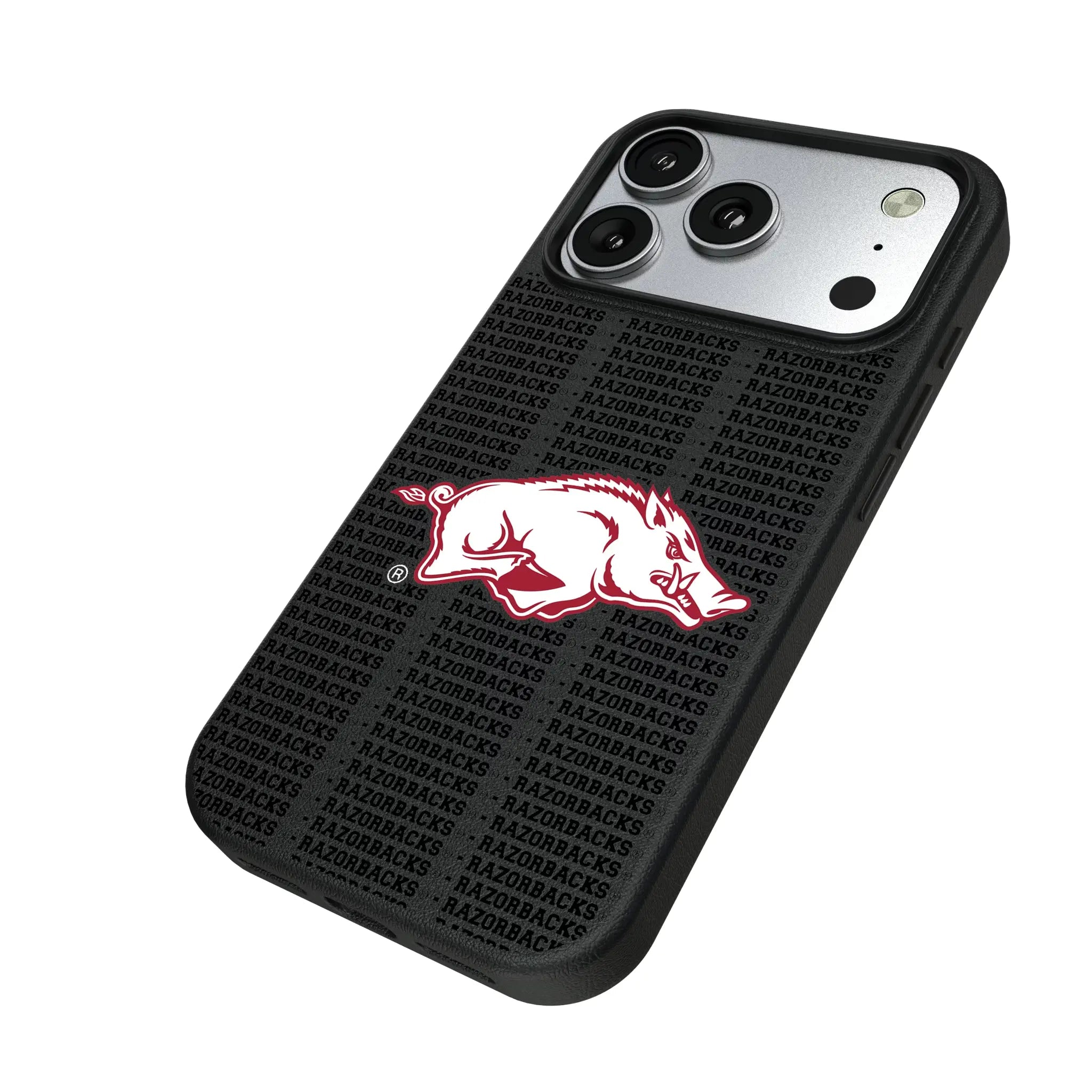 University of Arkansas Fayetteville Razorbacks Text Backdrop iPhone MagSafe Compatible Phone Case for Apple iPhone - Isometric View#Device_iPhone 17 Pro