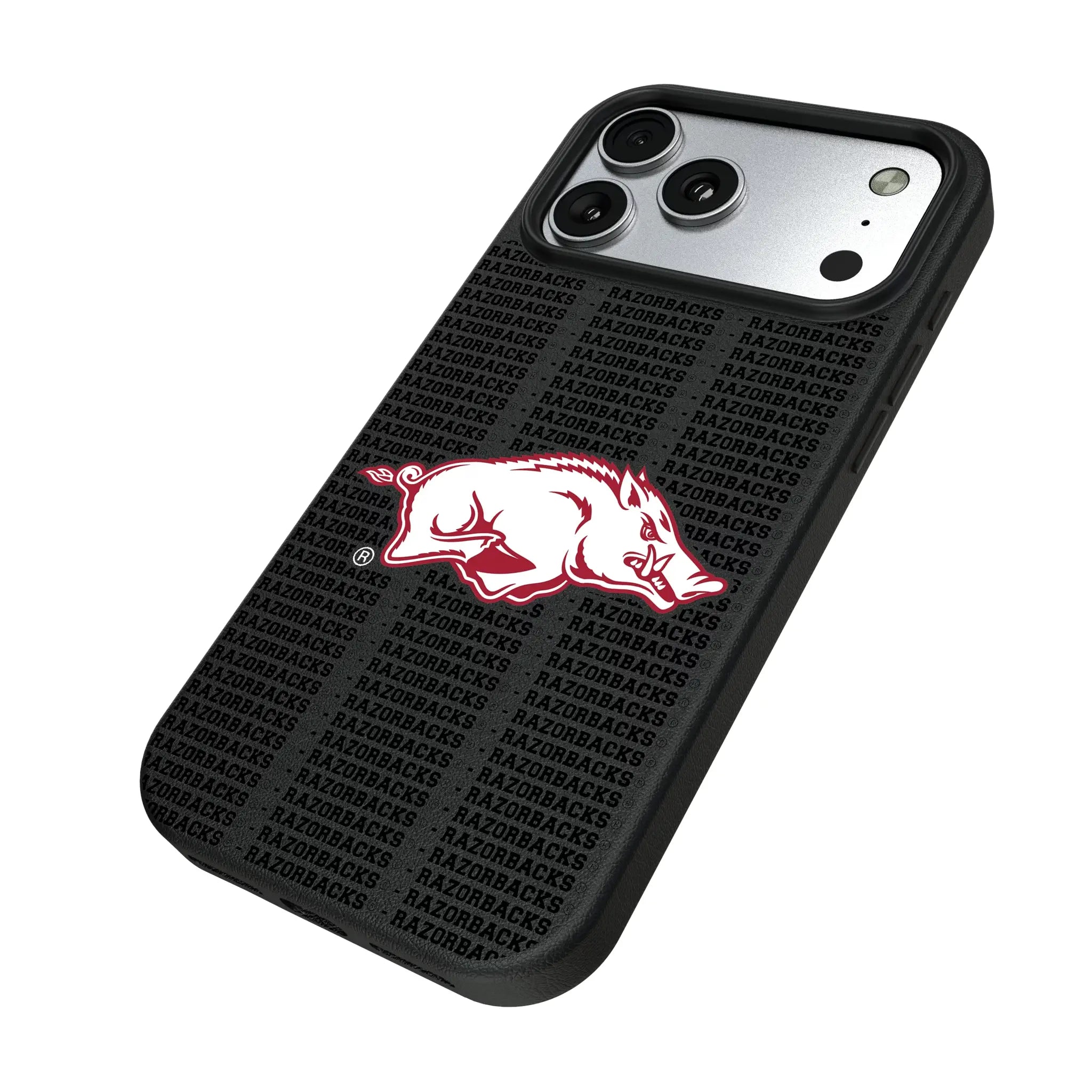 University of Arkansas Fayetteville Razorbacks Text Backdrop iPhone MagSafe Compatible Phone Case for Apple iPhone - Isometric View#Device_iPhone 17 Pro Max