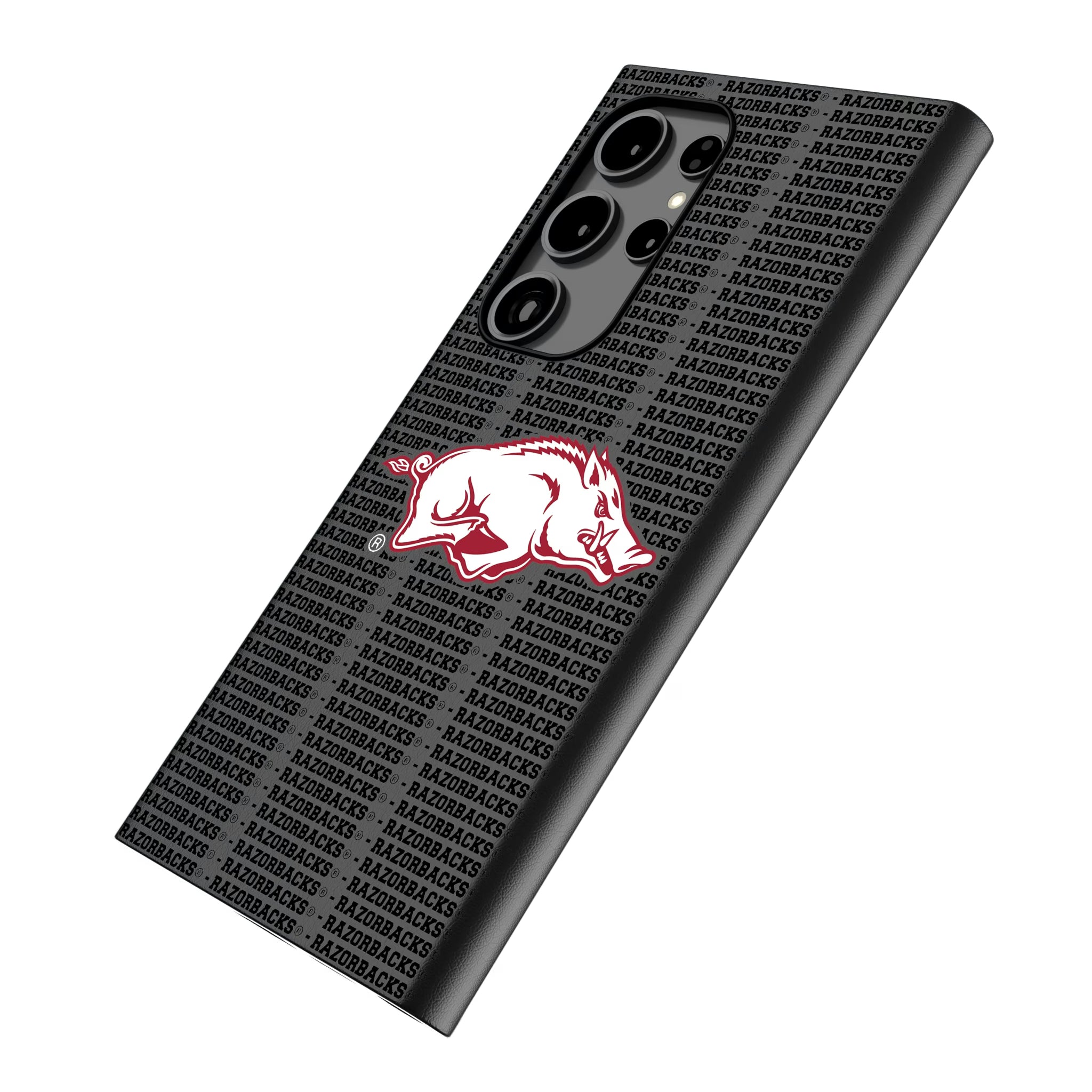 University of Arkansas Fayetteville Razorbacks Text Backdrop Galaxy MagSafe Compatible Phone Case for Samsung Galaxy - Isometric View