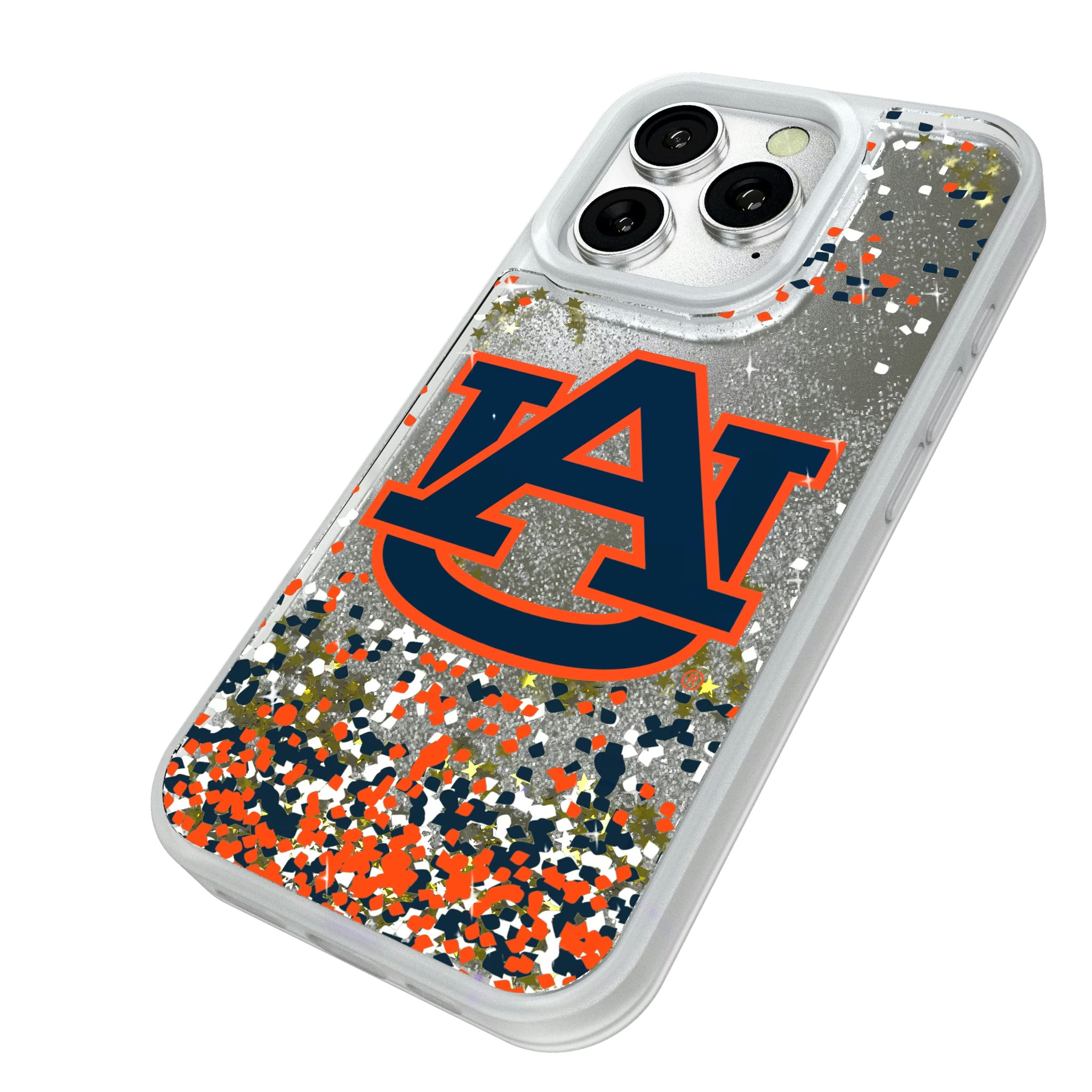 University of Auburn Tigers Confetti iPhone Glitter Phone Case for Apple iPhone - Isometric View#Device_iPhone 16 Pro