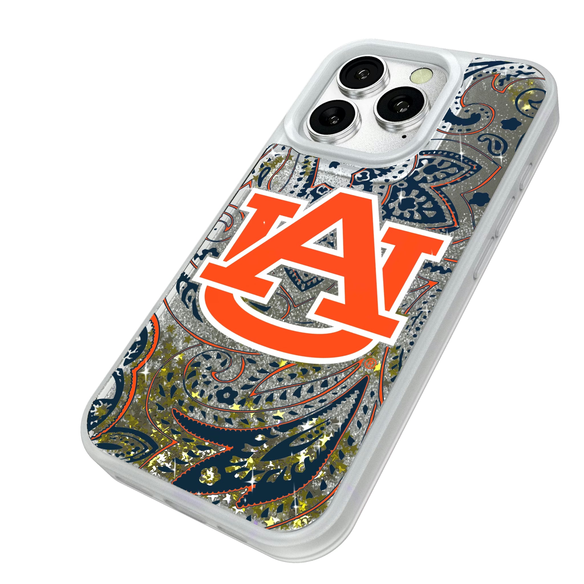 University of Auburn Tigers Paisley iPhone Glitter Phone Case for Apple iPhone - Isometric View#Device_iPhone 16 Pro