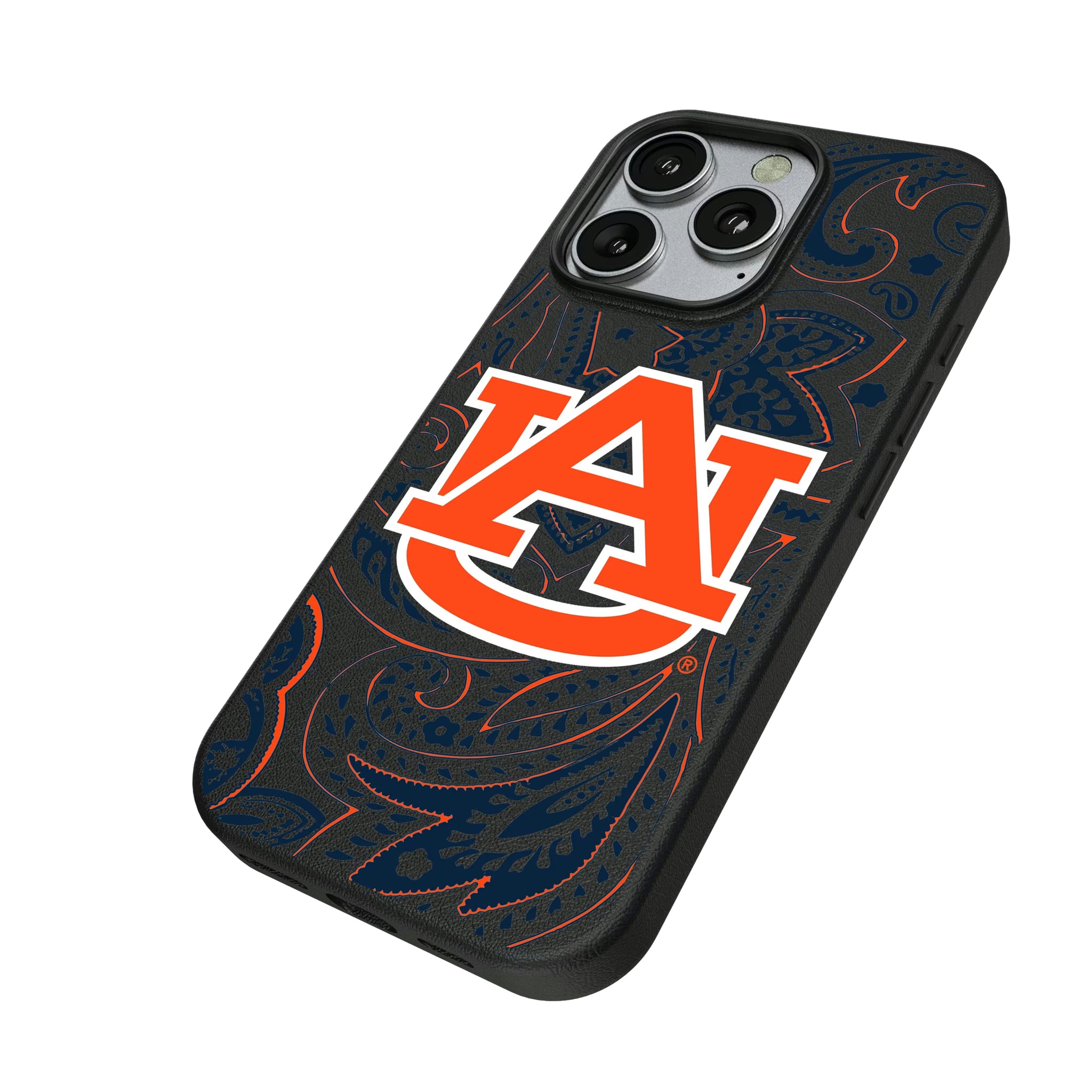 University of Auburn Tigers Paisley iPhone MagSafe Compatible Phone Case for Apple iPhone - Isometric View