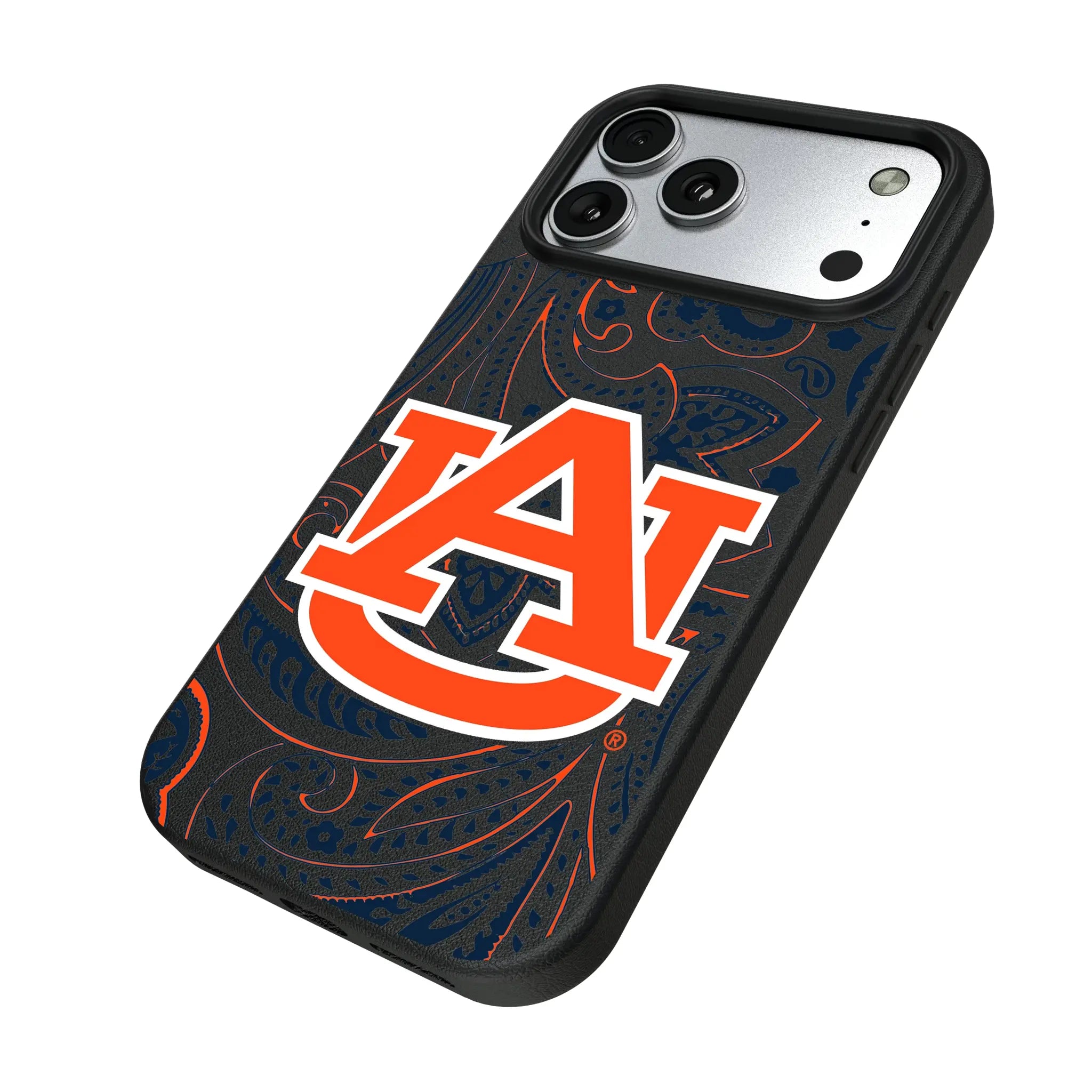 University of Auburn Tigers Paisley iPhone MagSafe Compatible Phone Case for Apple iPhone - Isometric View#Device_iPhone 17 Pro Max