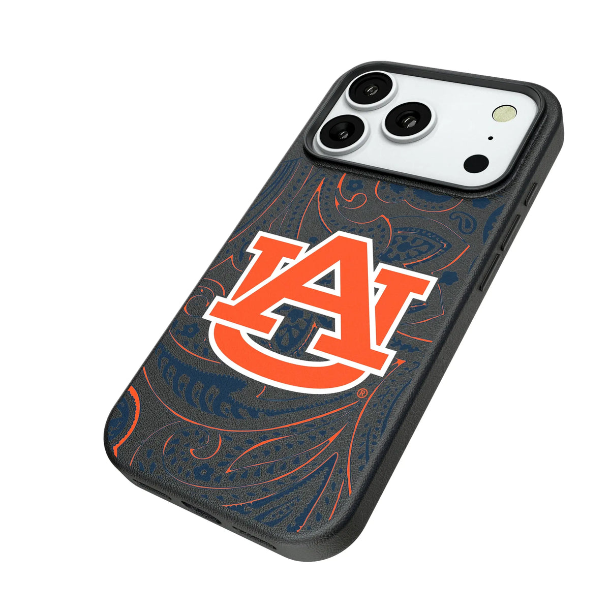 University of Auburn Tigers Paisley iPhone MagSafe Compatible Phone Case for Apple iPhone - Isometric View#Device_iPhone 18 Pro