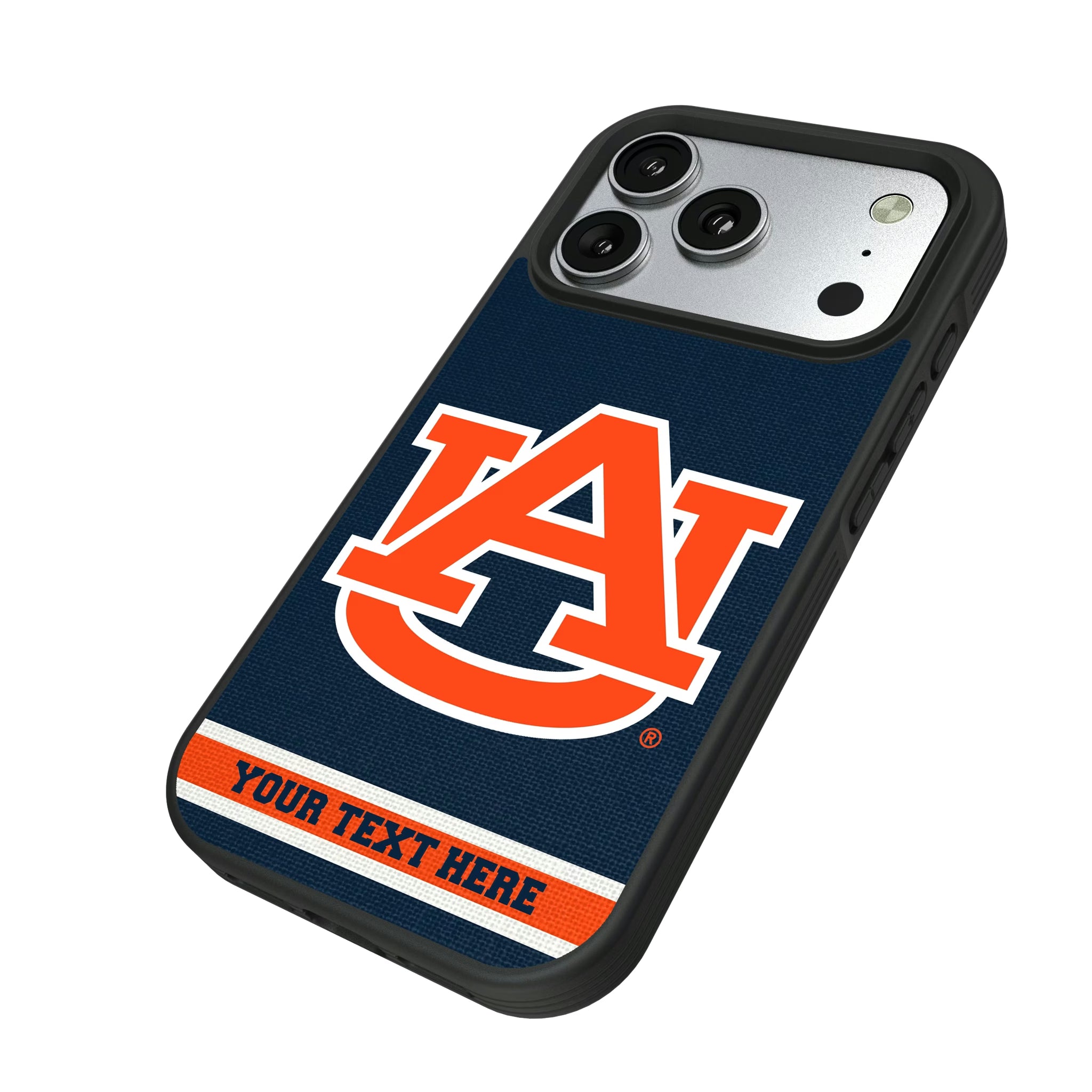 University of Auburn Tigers Personalized Stripe iPhone Bump Phone Case for Apple iPhone - Isometric View#Device_iPhone 17 Pro