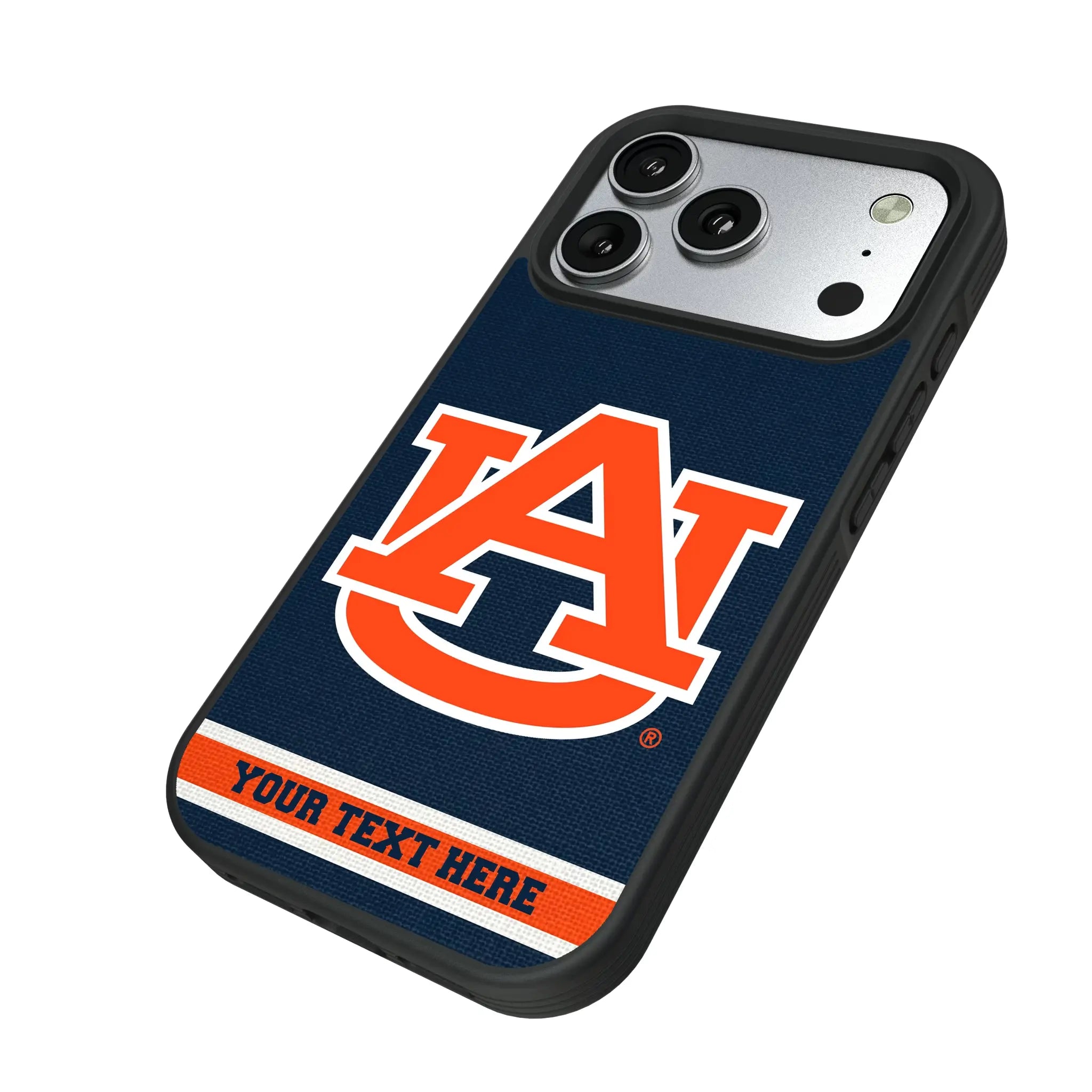 University of Auburn Tigers Personalized Stripe iPhone Bump Phone Case for Apple iPhone - Isometric View#Device_iPhone 17 Pro