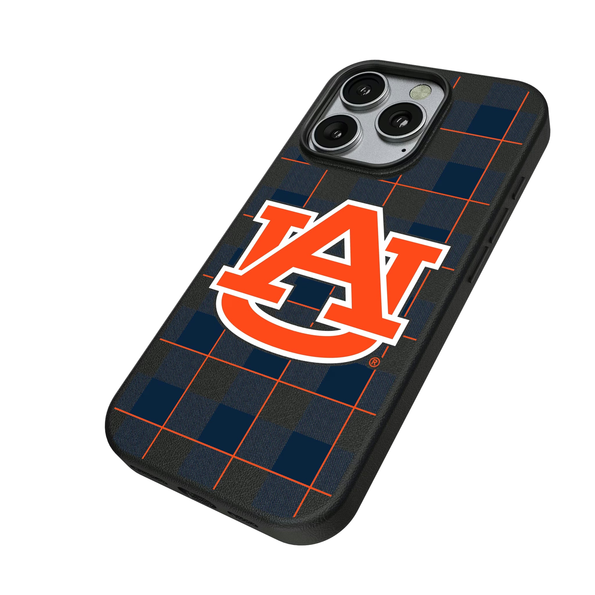 University of Auburn Tigers Plaid iPhone MagSafe Compatible Phone Case for Apple iPhone - Isometric View