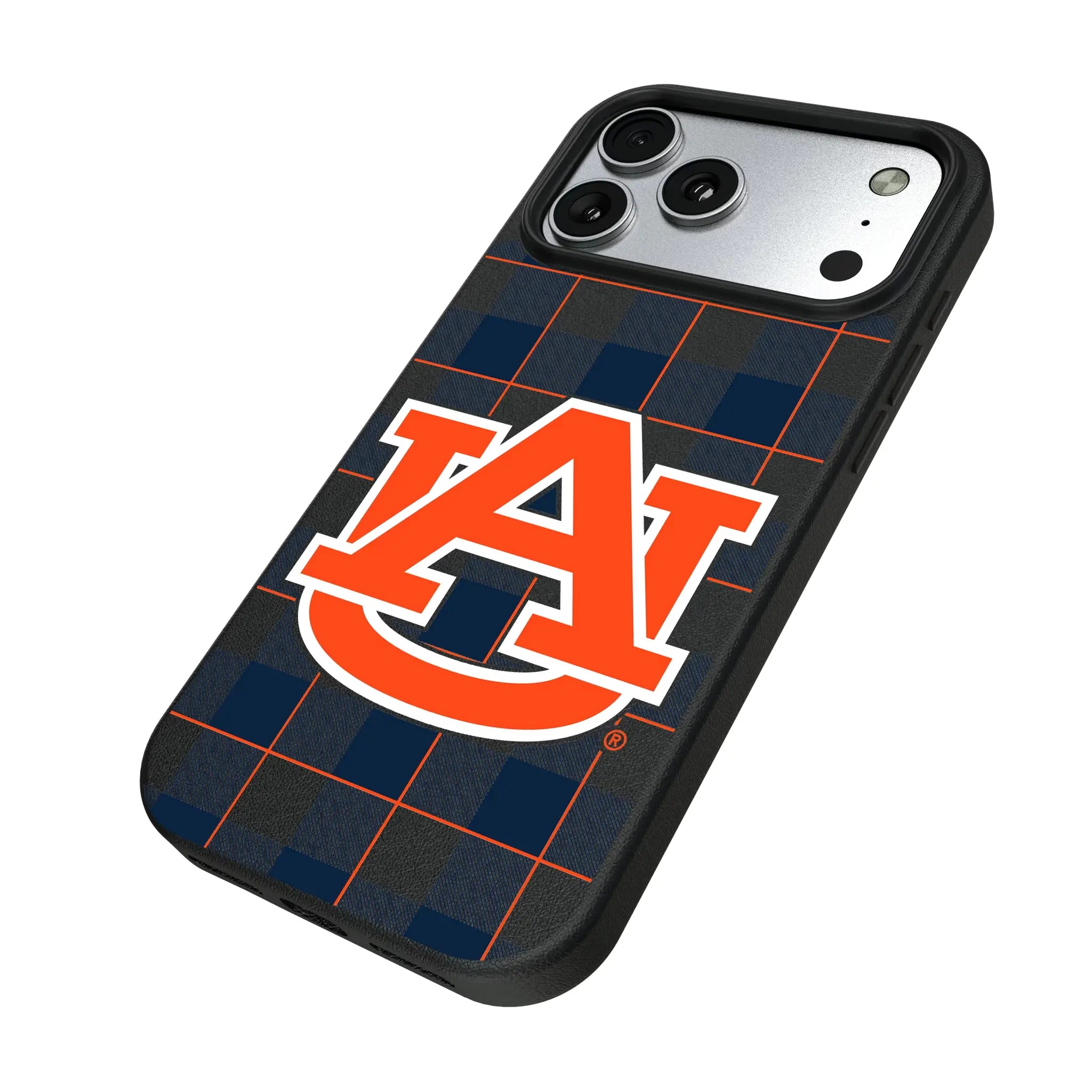 University of Auburn Tigers Plaid iPhone MagSafe Compatible Phone Case for Apple iPhone - Isometric View#Device_iPhone 17 Pro Max