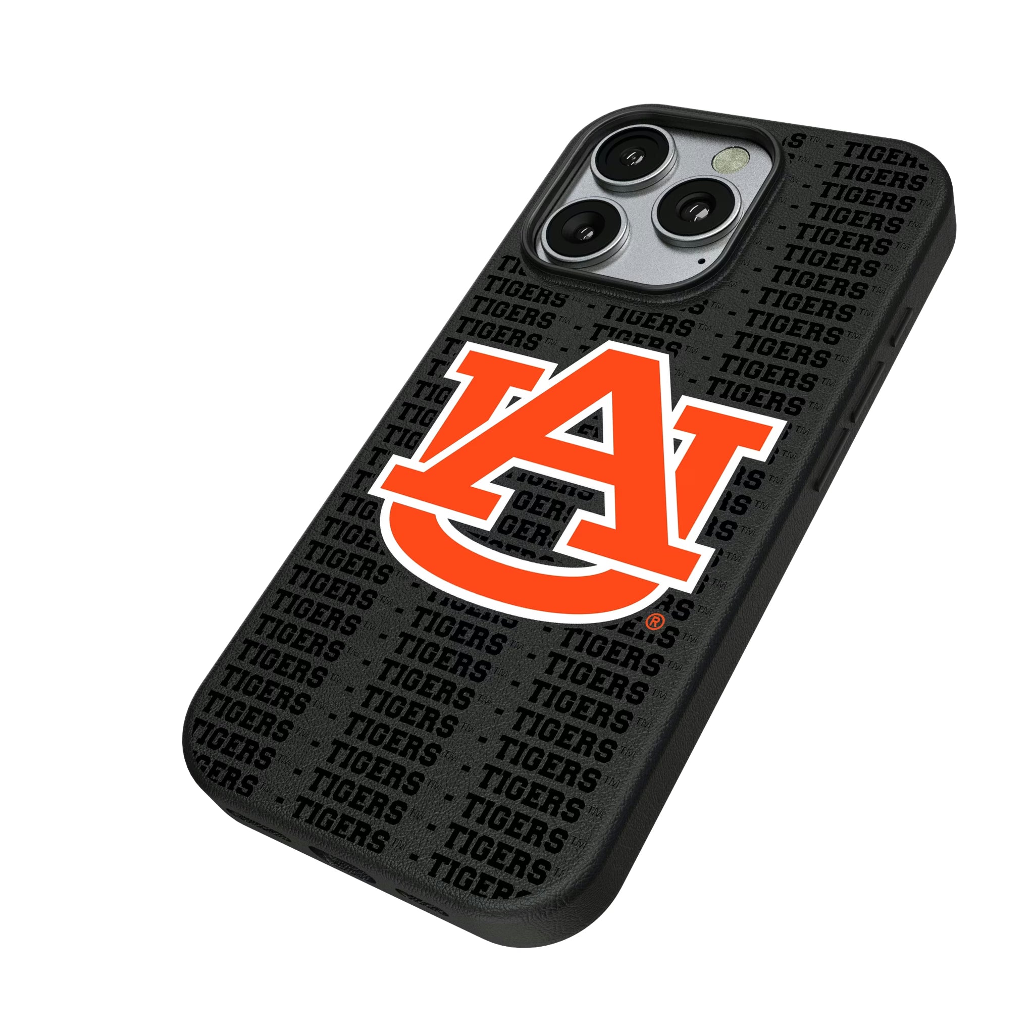 University of Auburn Tigers Text Backdrop iPhone MagSafe Compatible Phone Case for Apple iPhone - Isometric View