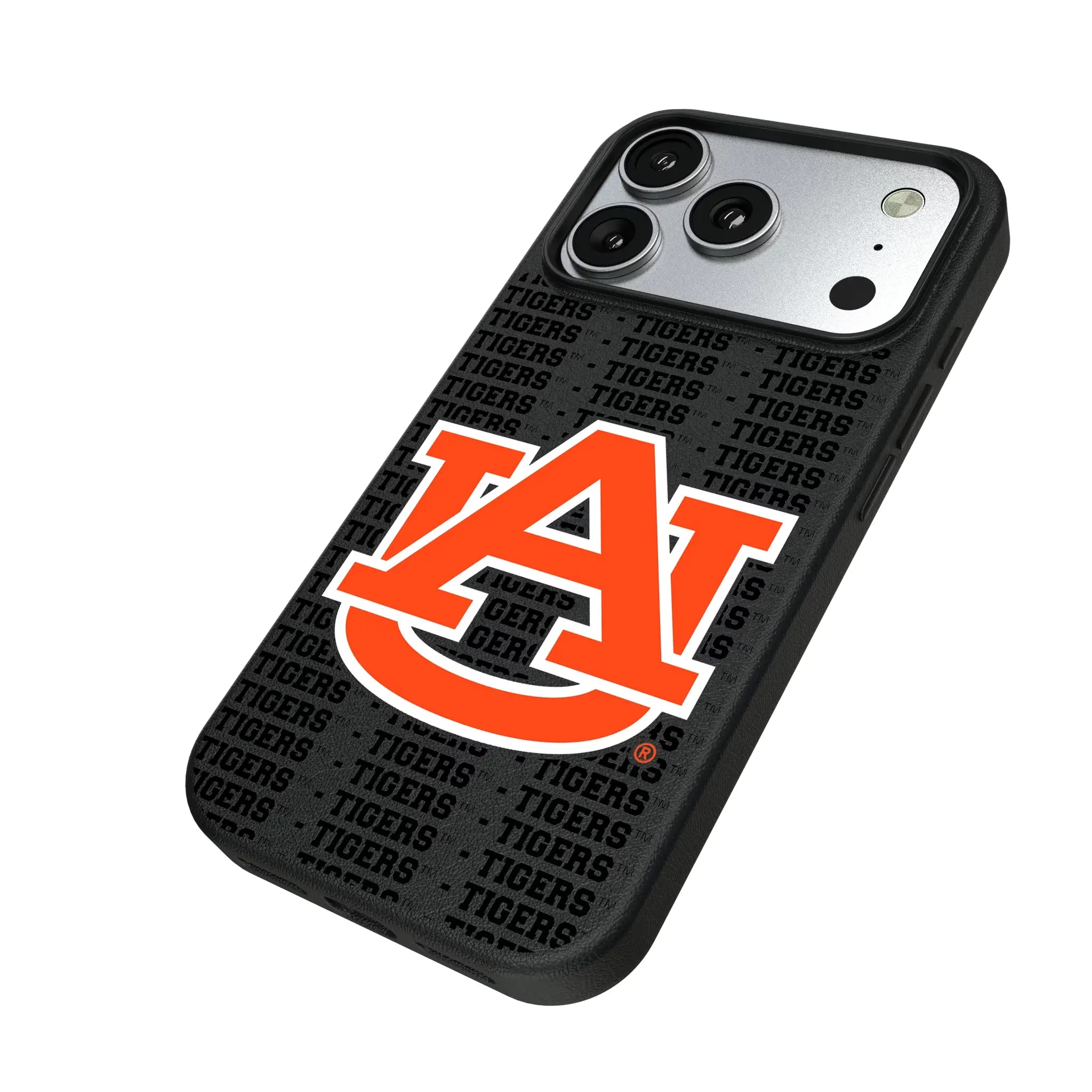 University of Auburn Tigers Text Backdrop iPhone MagSafe Compatible Phone Case for Apple iPhone - Isometric View#Device_iPhone 17 Pro