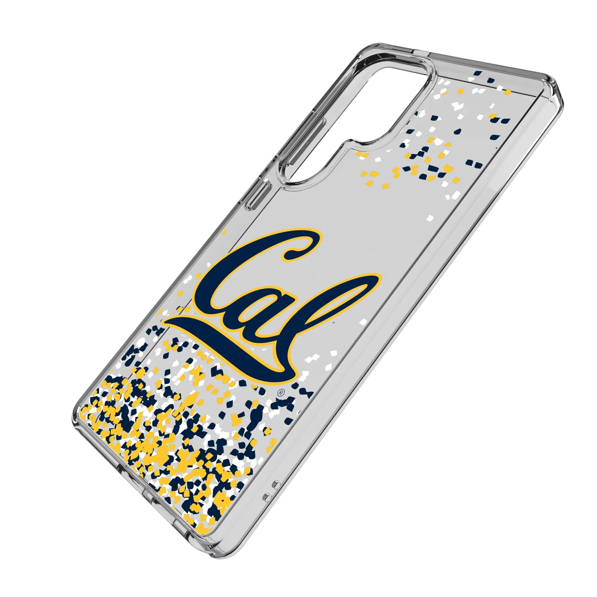 University of California Berkeley Golden Bears Confetti Galaxy Clear Phone Case for Samsung Galaxy - Isometric View#Device_Galaxy S25 Ultra