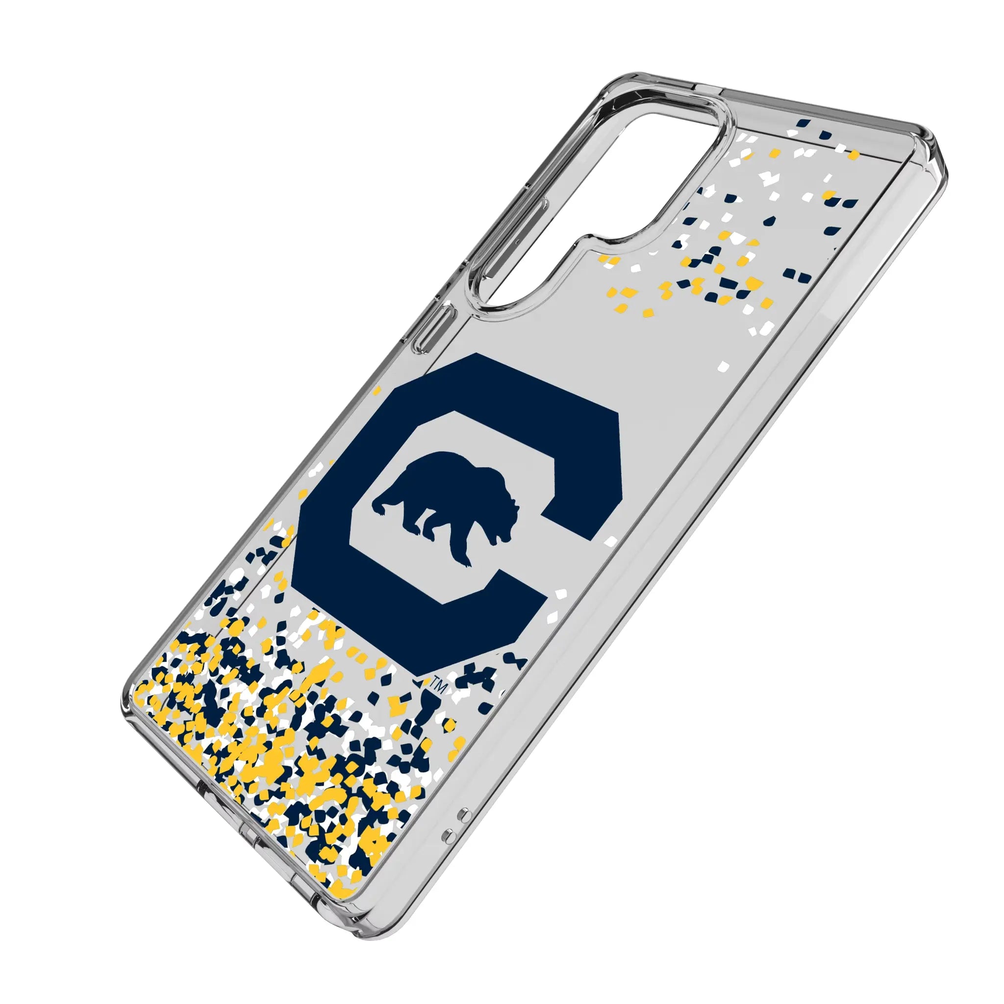 University of California Berkeley Golden Bears Confetti Galaxy Clear Phone Case for Samsung Galaxy - Isometric View#Device_Galaxy S25 Ultra