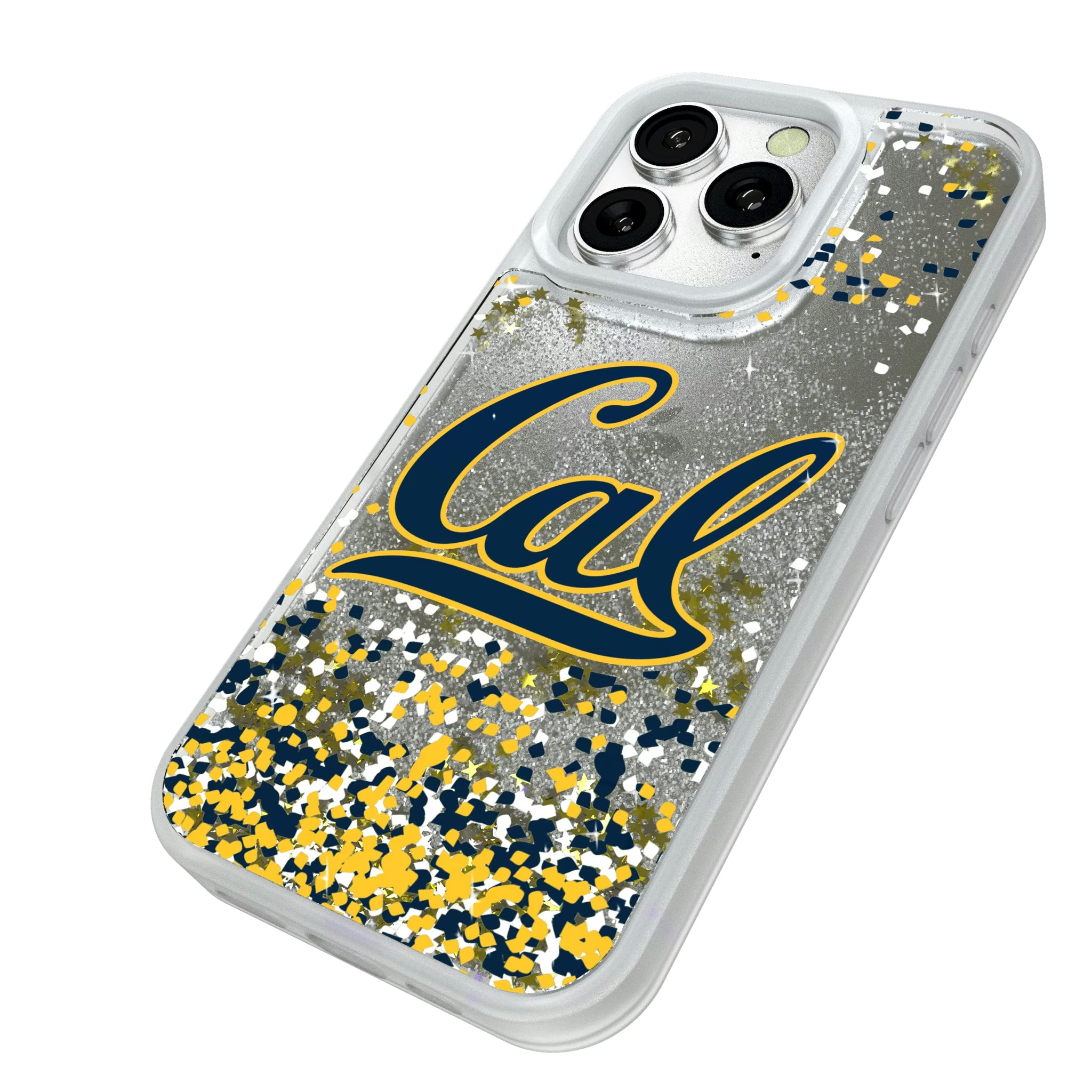 University of California Berkeley Golden Bears Confetti iPhone Glitter Phone Case for Apple iPhone - Isometric View#Device_iPhone 16 Pro