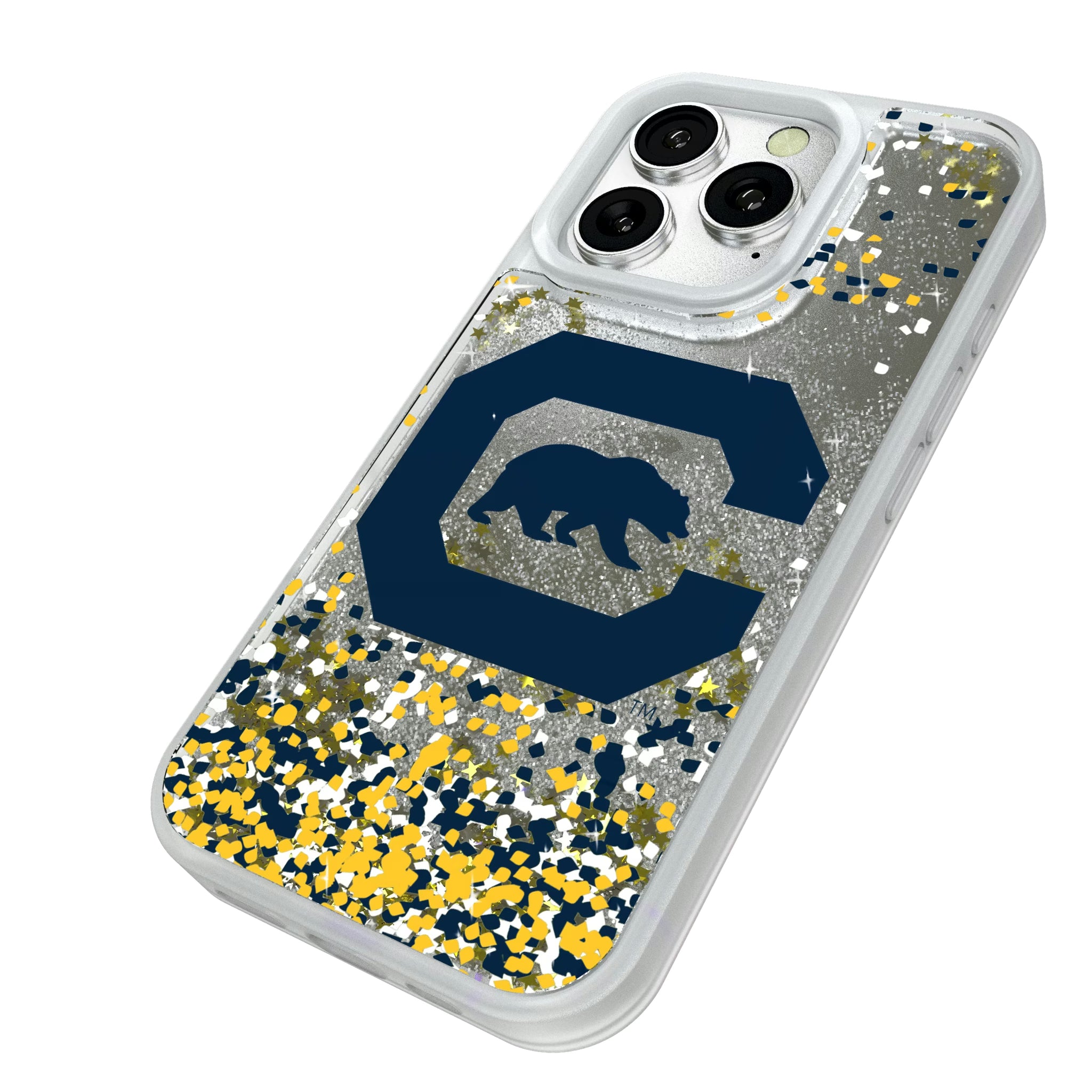 University of California Berkeley Golden Bears Confetti iPhone Glitter Phone Case for Apple iPhone - Isometric View#Device_iPhone 16 Pro