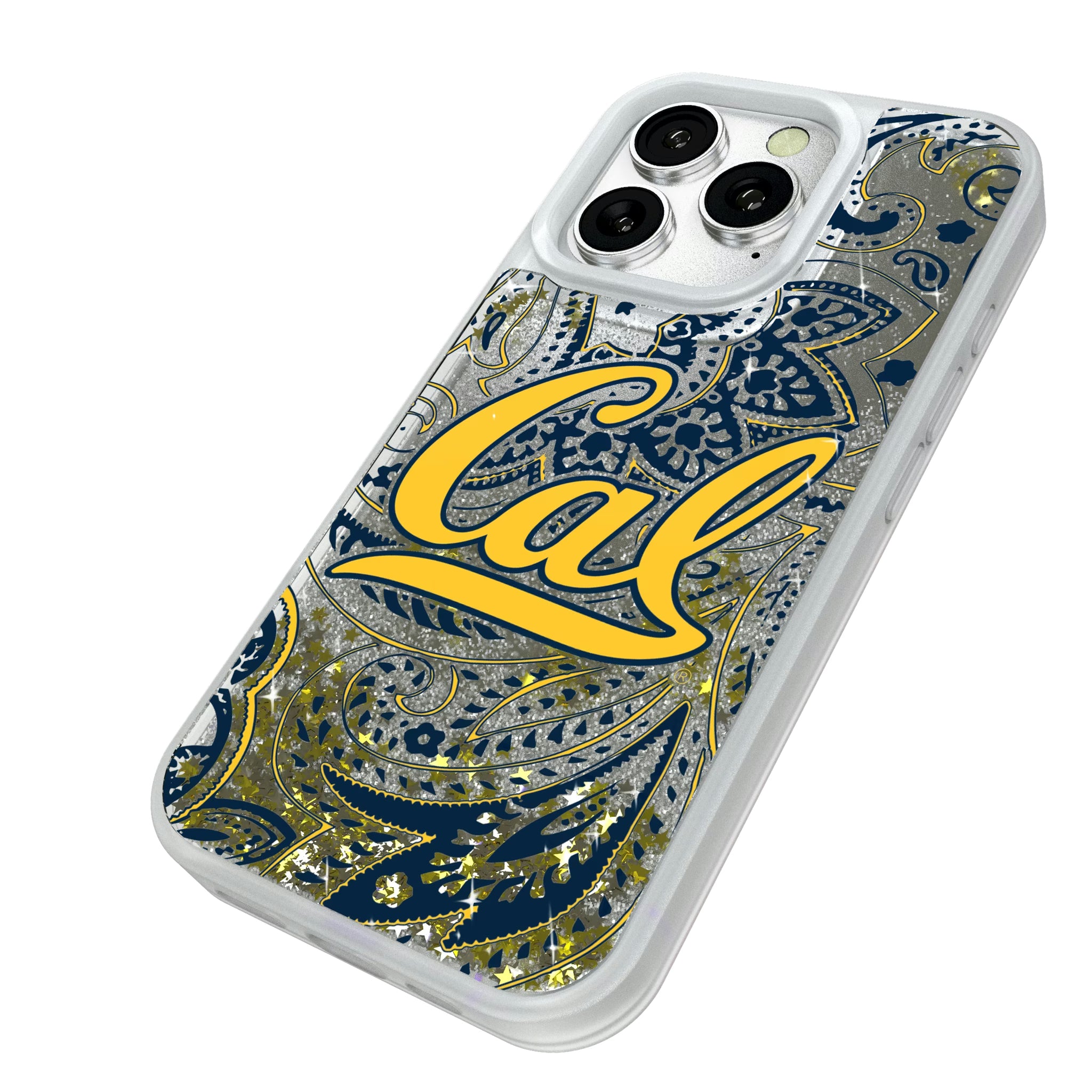 University of California Berkeley Golden Bears Paisley iPhone Glitter Phone Case for Apple iPhone - Isometric View#Device_iPhone 16 Pro