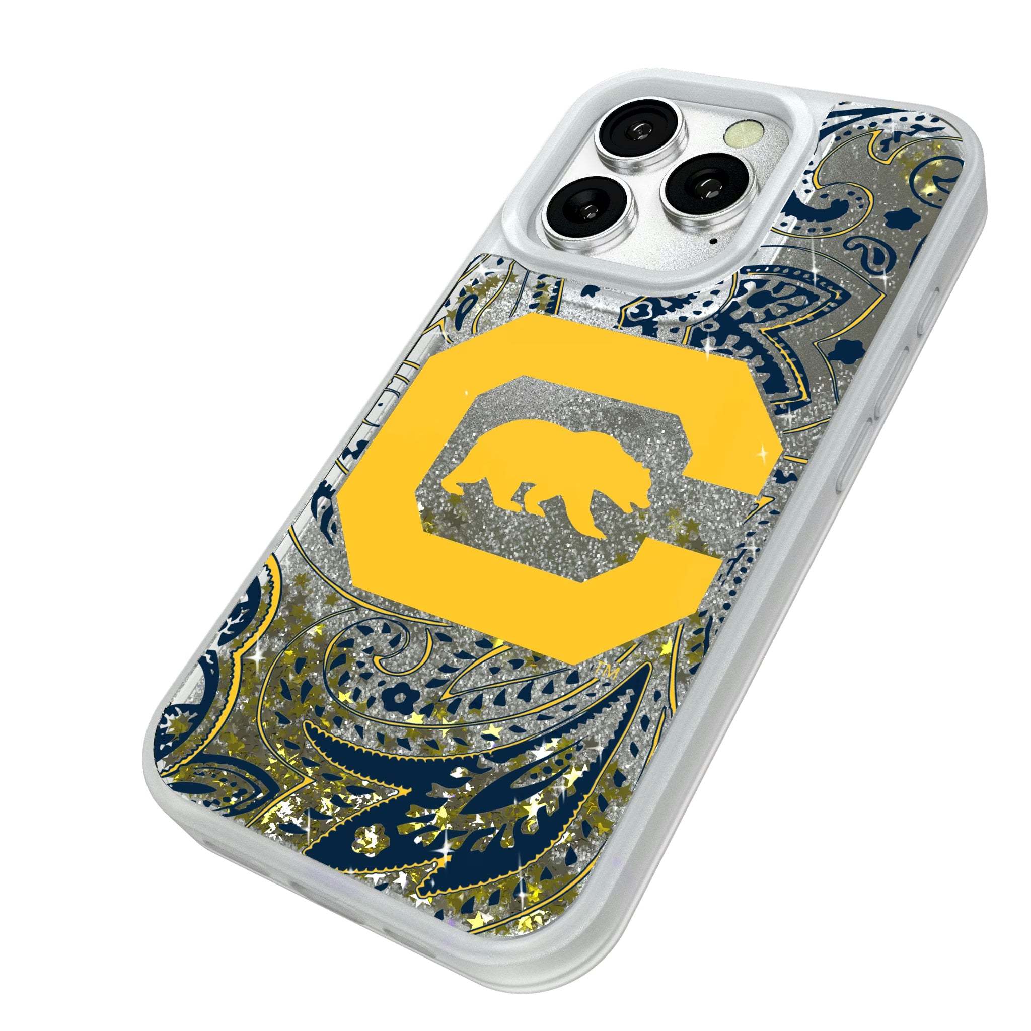 University of California Berkeley Golden Bears Paisley iPhone Glitter Phone Case for Apple iPhone - Isometric View#Device_iPhone 16 Pro