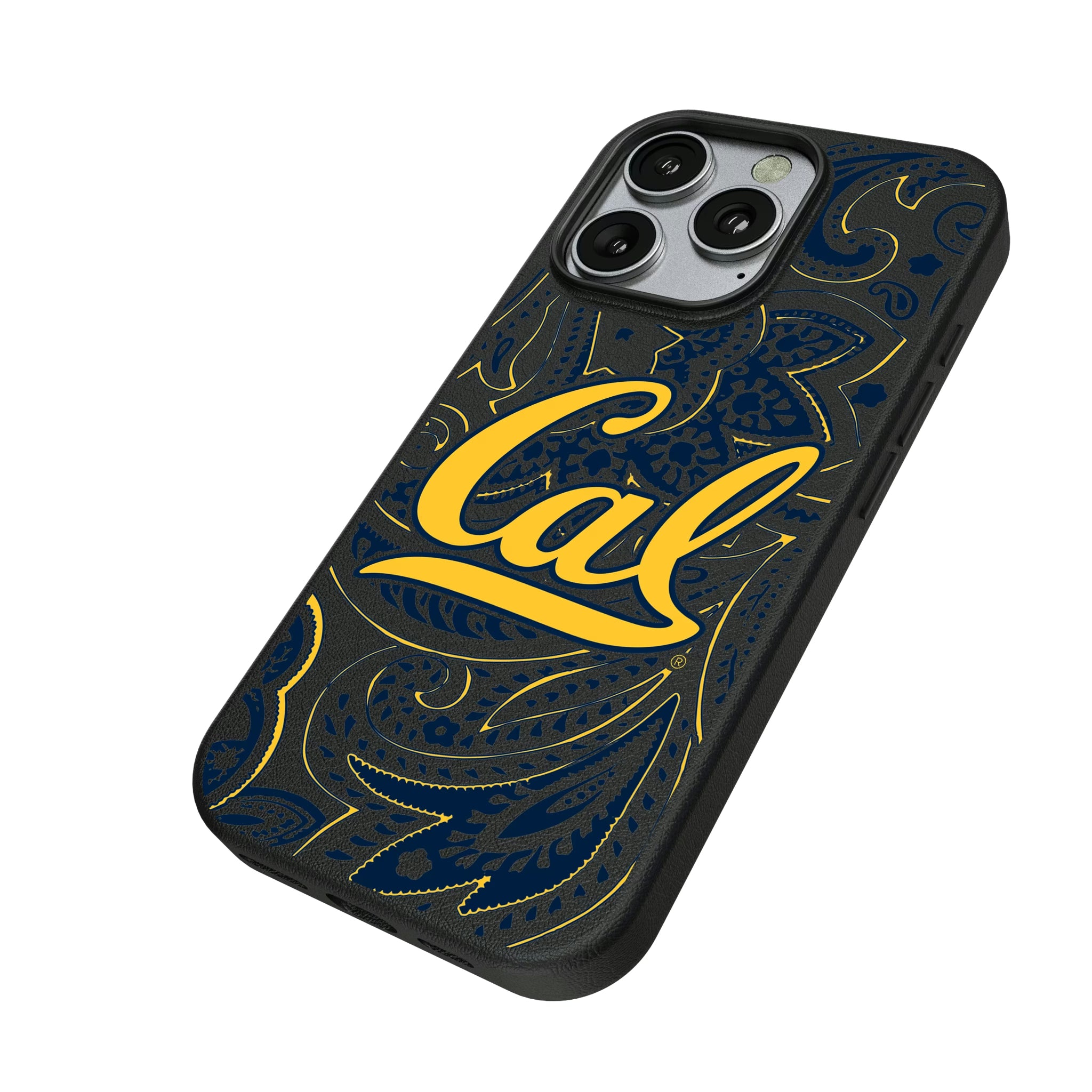 University of California Berkeley Golden Bears Paisley iPhone MagSafe Compatible Phone Case for Apple iPhone - Isometric View