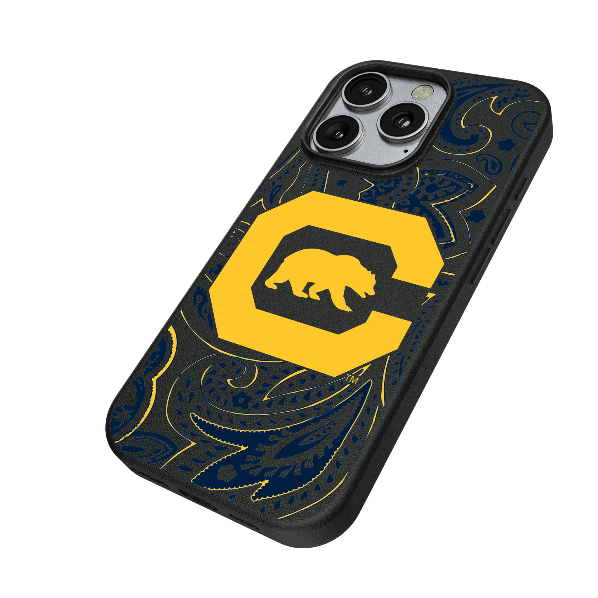 University of California Berkeley Golden Bears Paisley iPhone MagSafe Compatible Phone Case for Apple iPhone - Isometric View