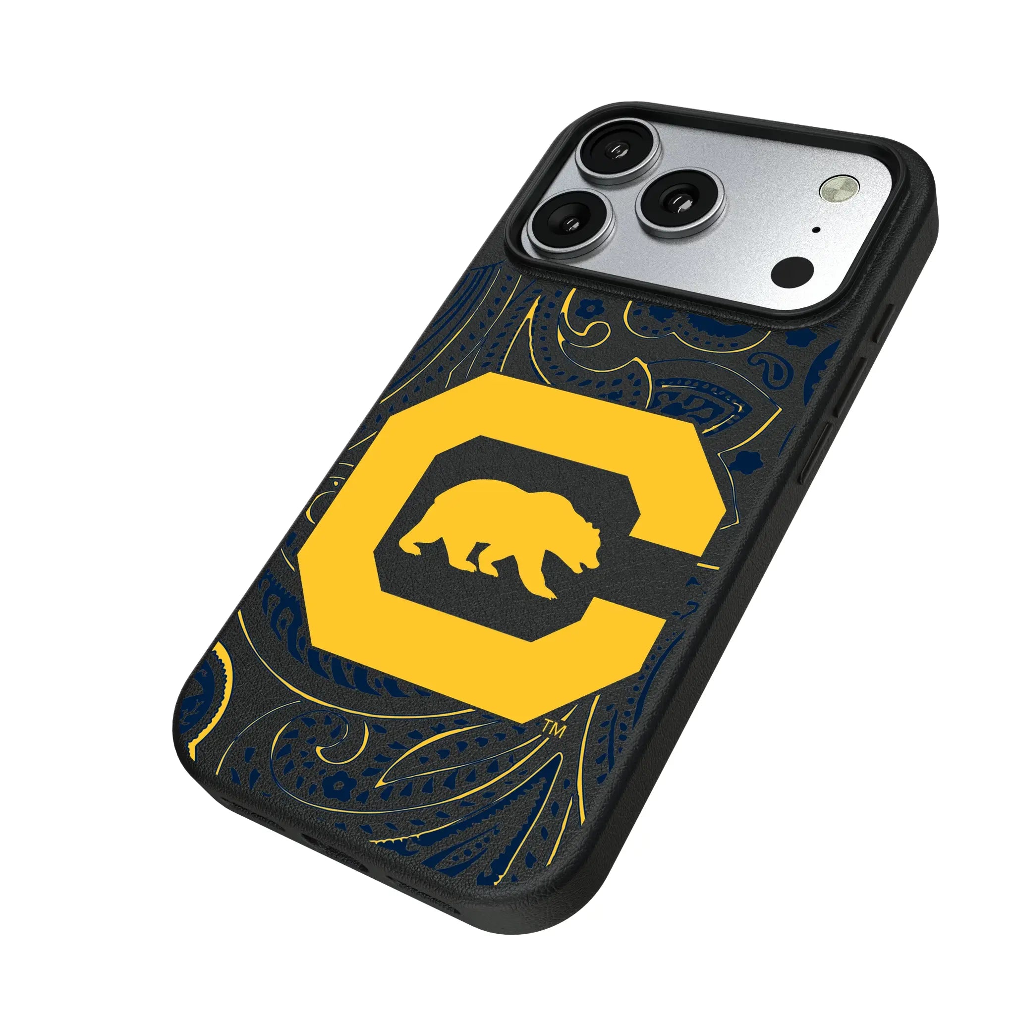 University of California Berkeley Golden Bears Paisley iPhone MagSafe Compatible Phone Case for Apple iPhone - Isometric View#Device_iPhone 17 Pro
