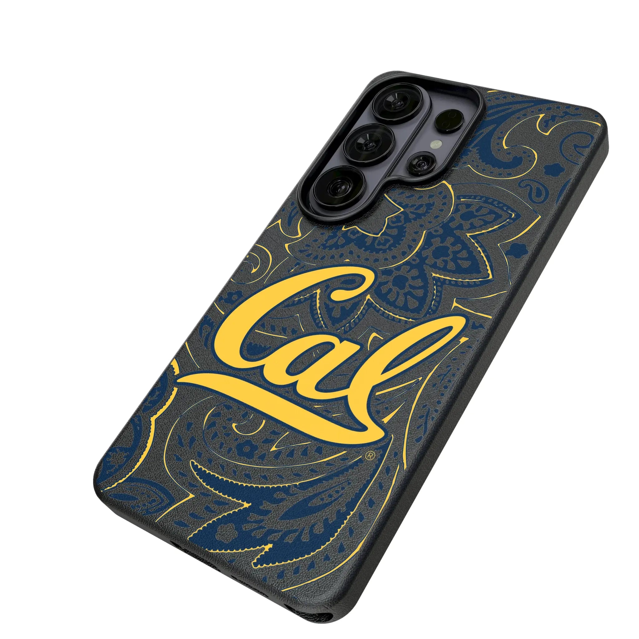 University of California Berkeley Golden Bears Paisley Galaxy MagSafe Compatible Phone Case for Samsung Galaxy - Isometric View#Device_Galaxy S26 Ultra