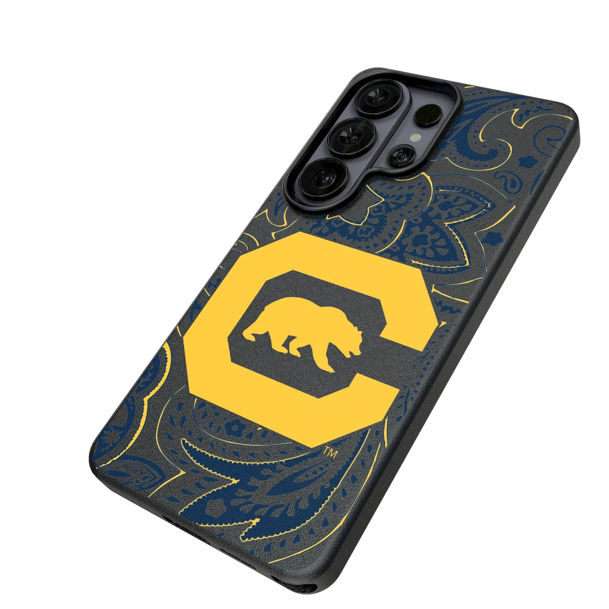 University of California Berkeley Golden Bears Paisley Galaxy MagSafe Compatible Phone Case for Samsung Galaxy - Isometric View#Device_Galaxy S26 Ultra