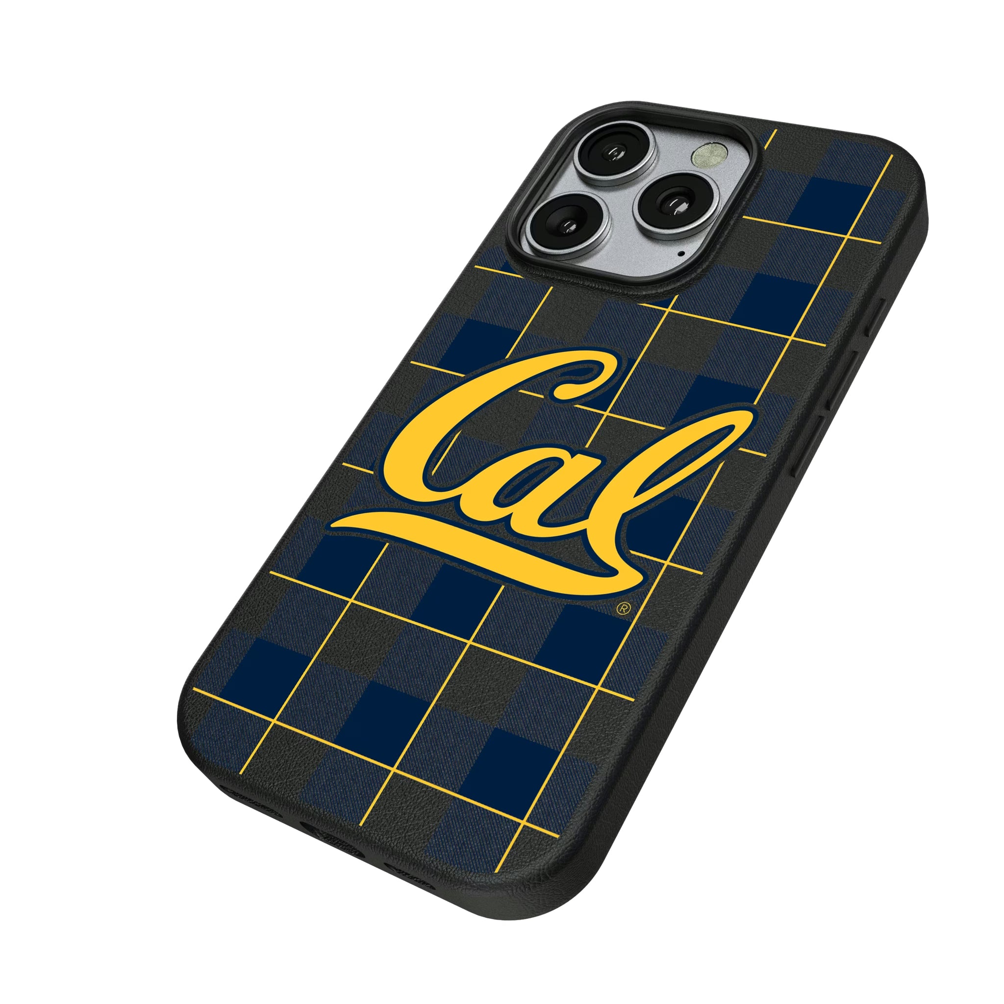 University of California Berkeley Golden Bears Plaid iPhone MagSafe Compatible Phone Case for Apple iPhone - Isometric View