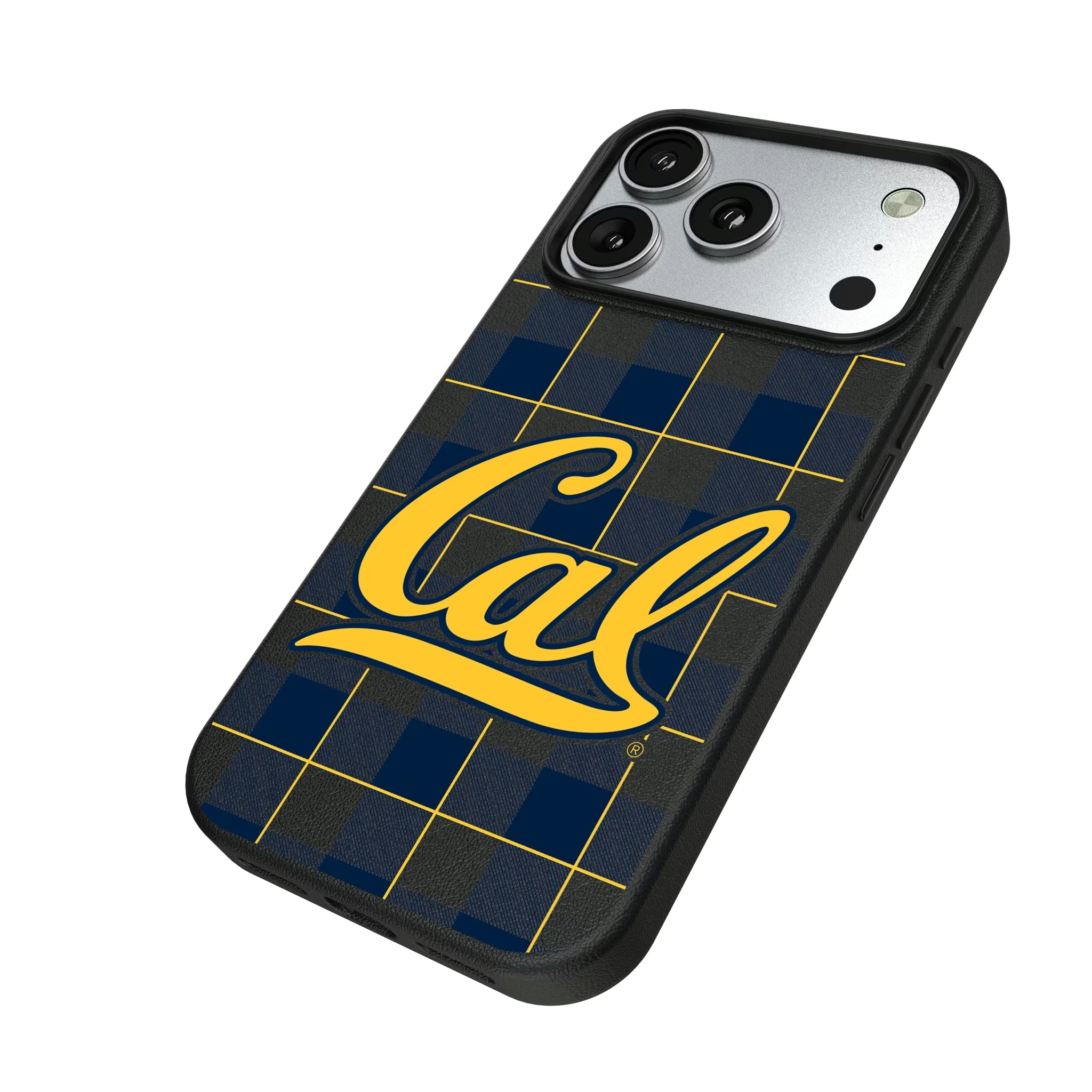 University of California Berkeley Golden Bears Plaid iPhone MagSafe Compatible Phone Case for Apple iPhone - Isometric View#Device_iPhone 17 Pro
