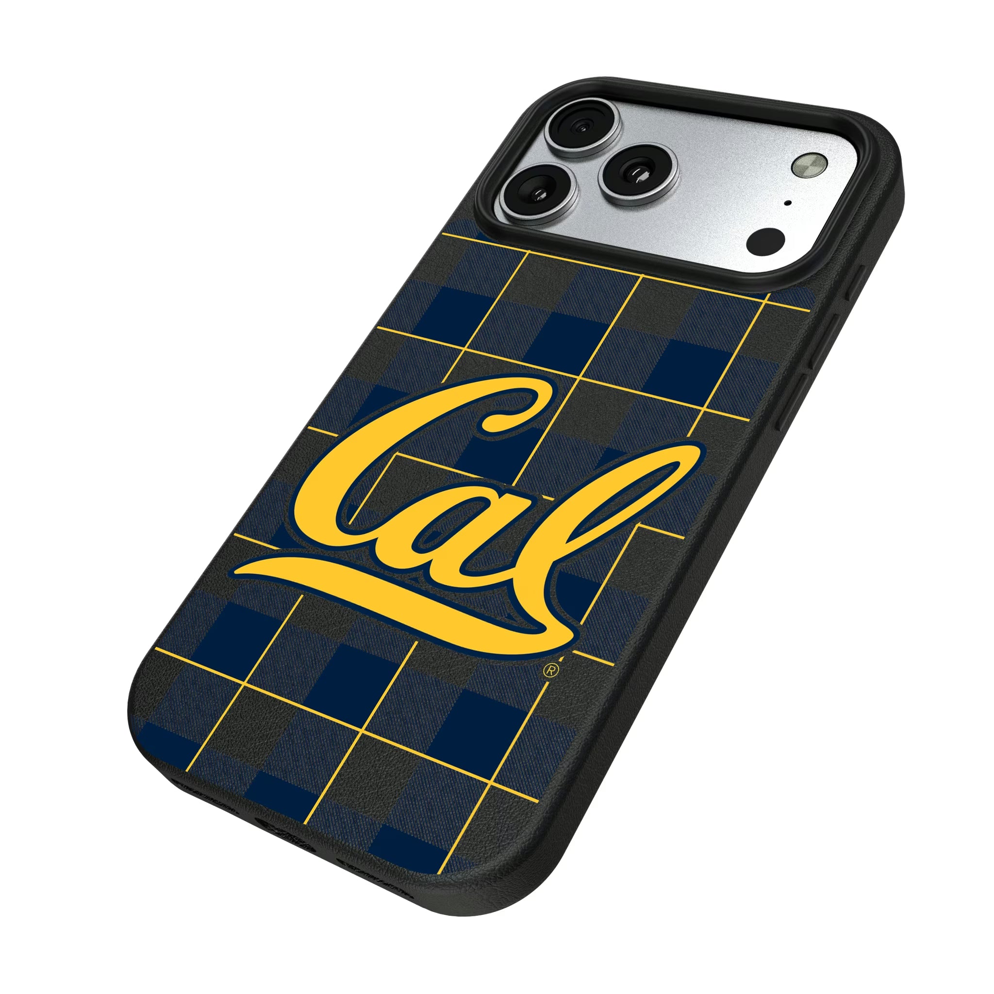 University of California Berkeley Golden Bears Plaid iPhone MagSafe Compatible Phone Case for Apple iPhone - Isometric View#Device_iPhone 17 Pro Max