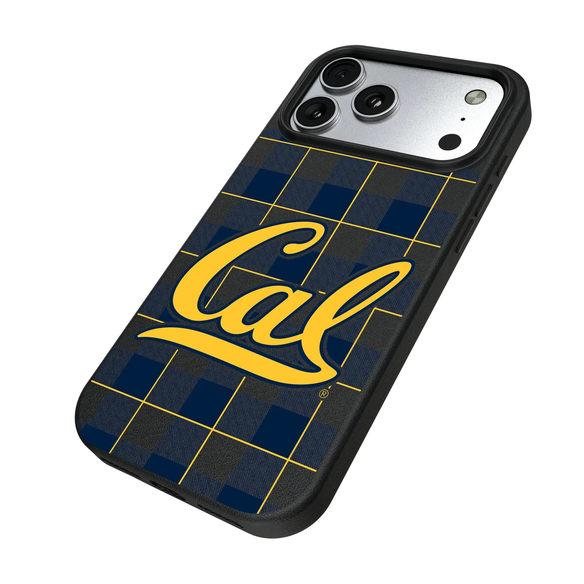 University of California Berkeley Golden Bears Plaid iPhone MagSafe Compatible Phone Case for Apple iPhone - Isometric View#Device_iPhone 17 Pro Max