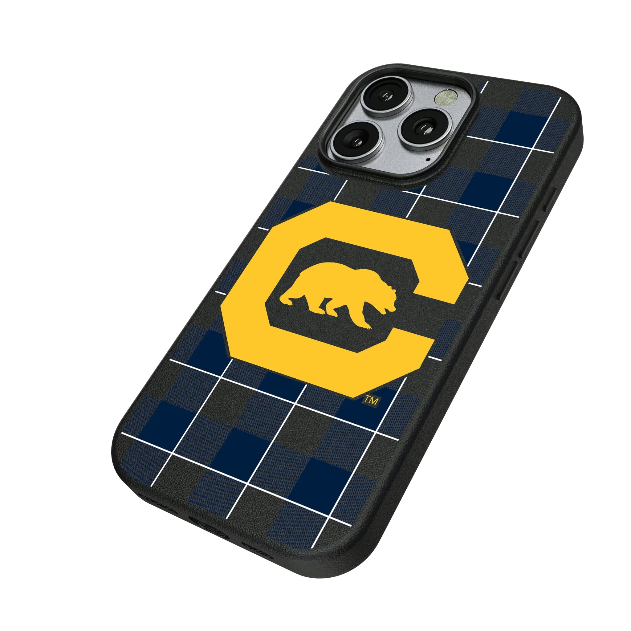 University of California Berkeley Golden Bears Plaid iPhone MagSafe Compatible Phone Case for Apple iPhone - Isometric View