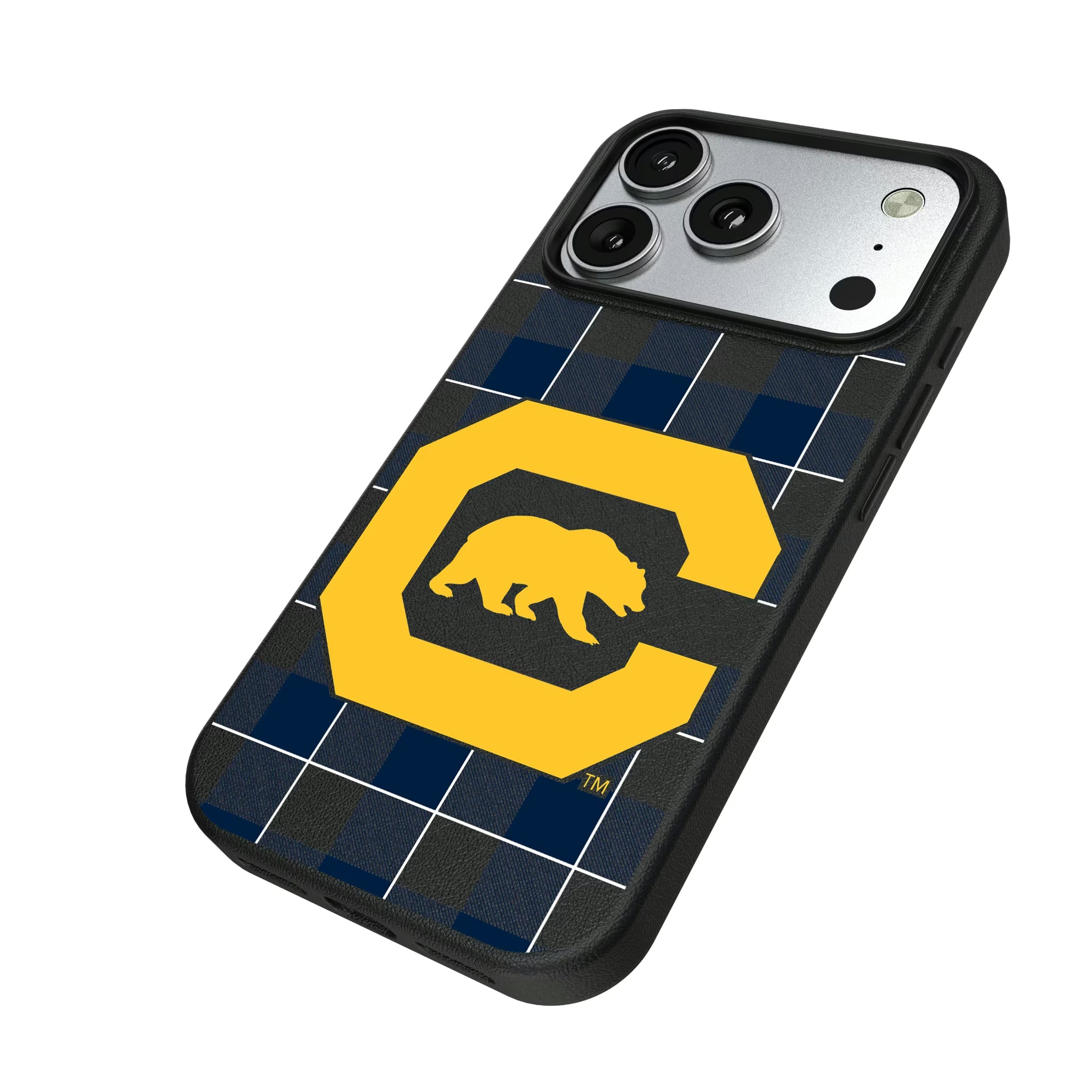 University of California Berkeley Golden Bears Plaid iPhone MagSafe Compatible Phone Case for Apple iPhone - Isometric View#Device_iPhone 17 Pro