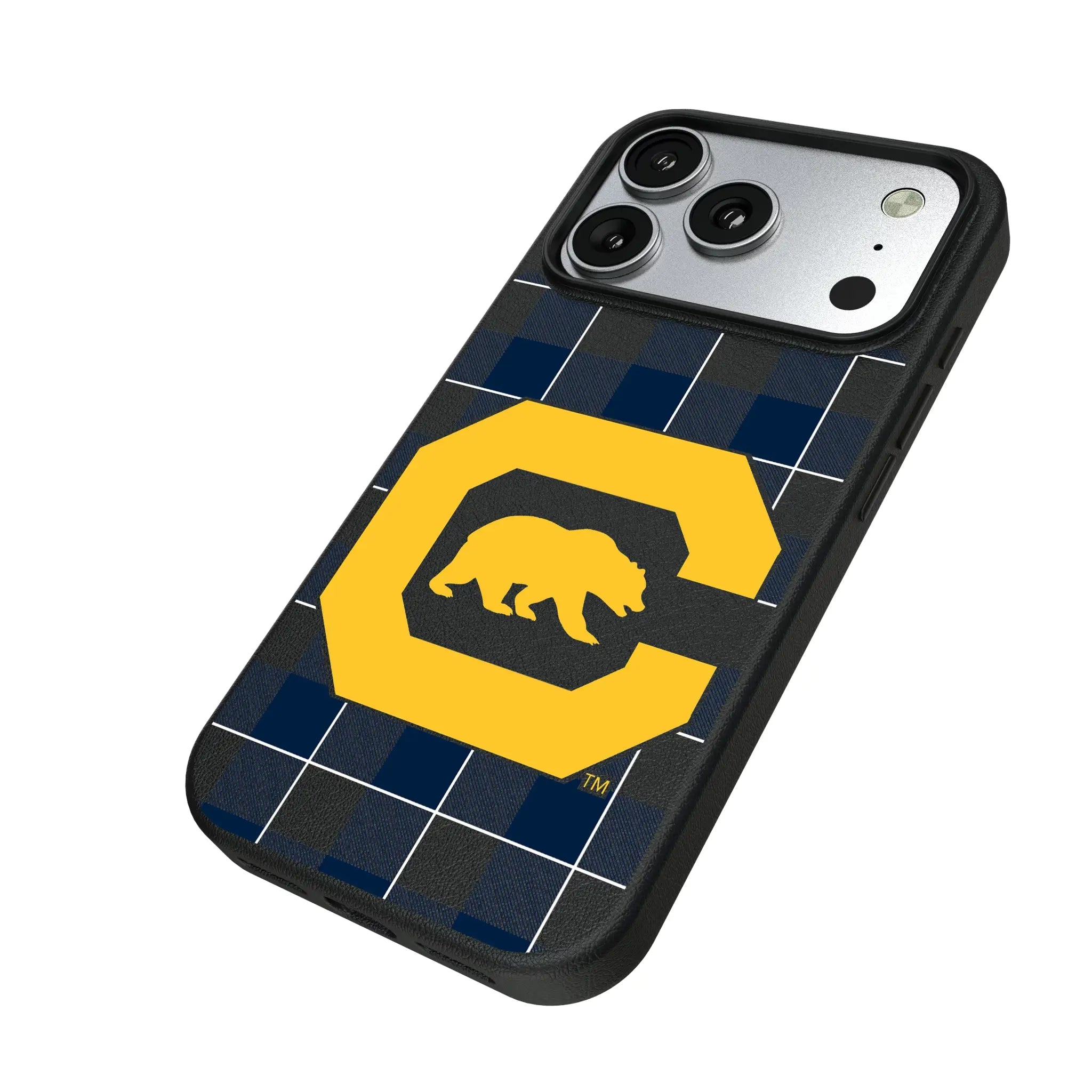 University of California Berkeley Golden Bears Plaid iPhone MagSafe Compatible Phone Case for Apple iPhone - Isometric View#Device_iPhone 17 Pro