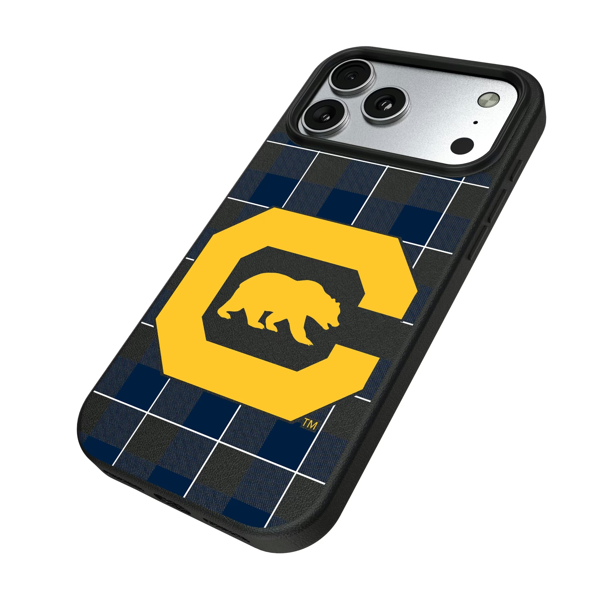 University of California Berkeley Golden Bears Plaid iPhone MagSafe Compatible Phone Case for Apple iPhone - Isometric View#Device_iPhone 17 Pro Max