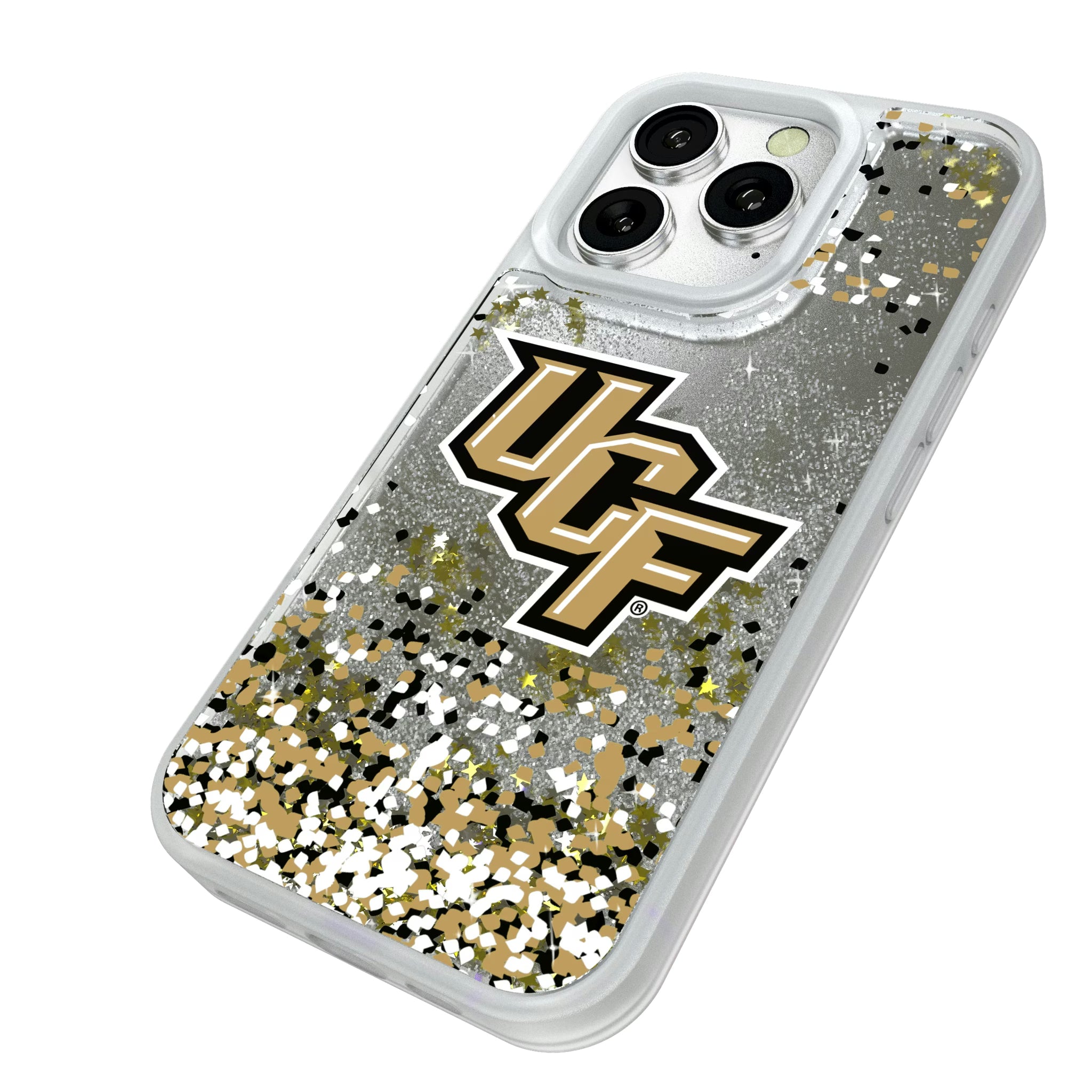 University of Central Florida Golden Knights Confetti iPhone Glitter Phone Case for Apple iPhone - Isometric View#Device_iPhone 16 Pro