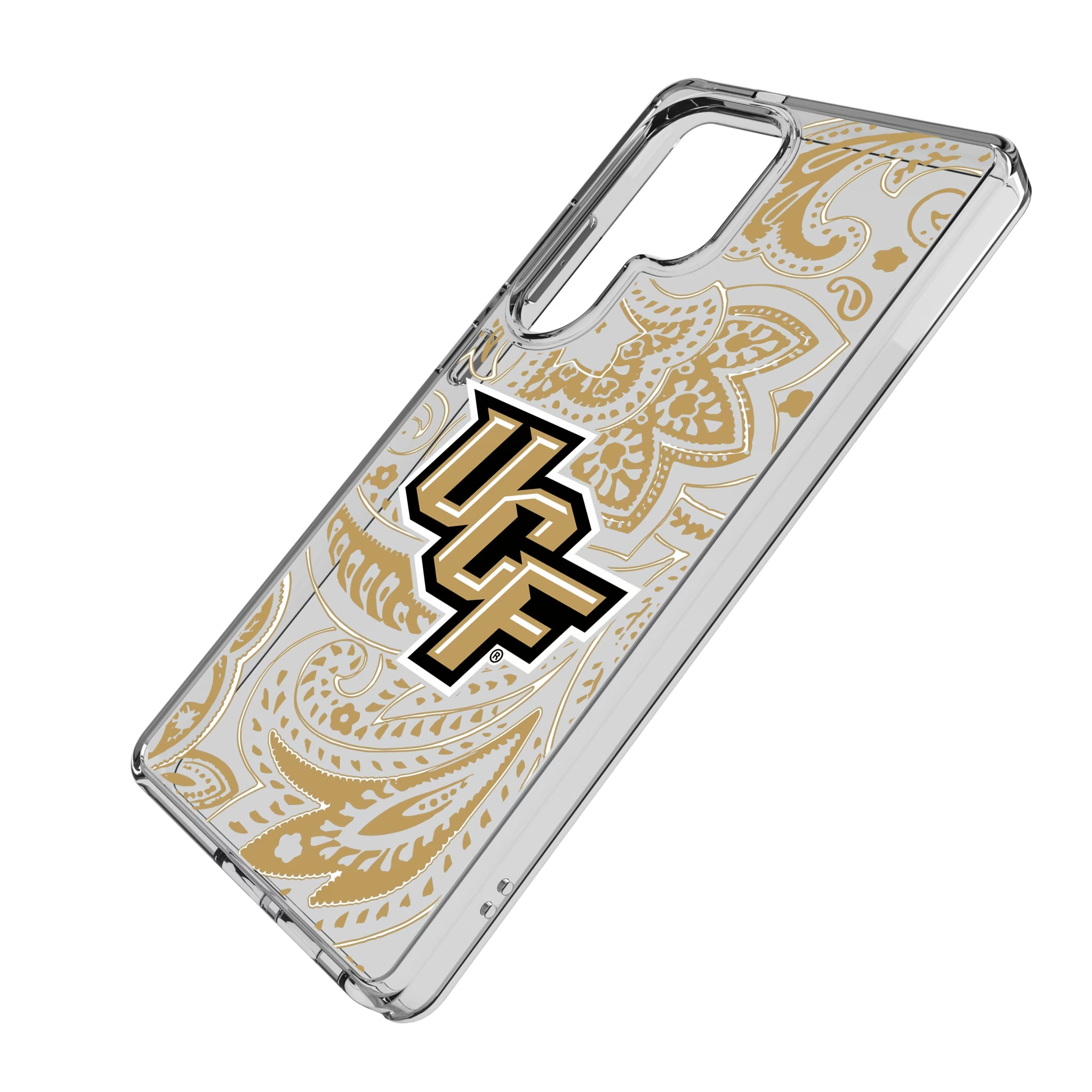 University of Central Florida Golden Knights Paisley Galaxy Clear Phone Case for Samsung Galaxy - Isometric View