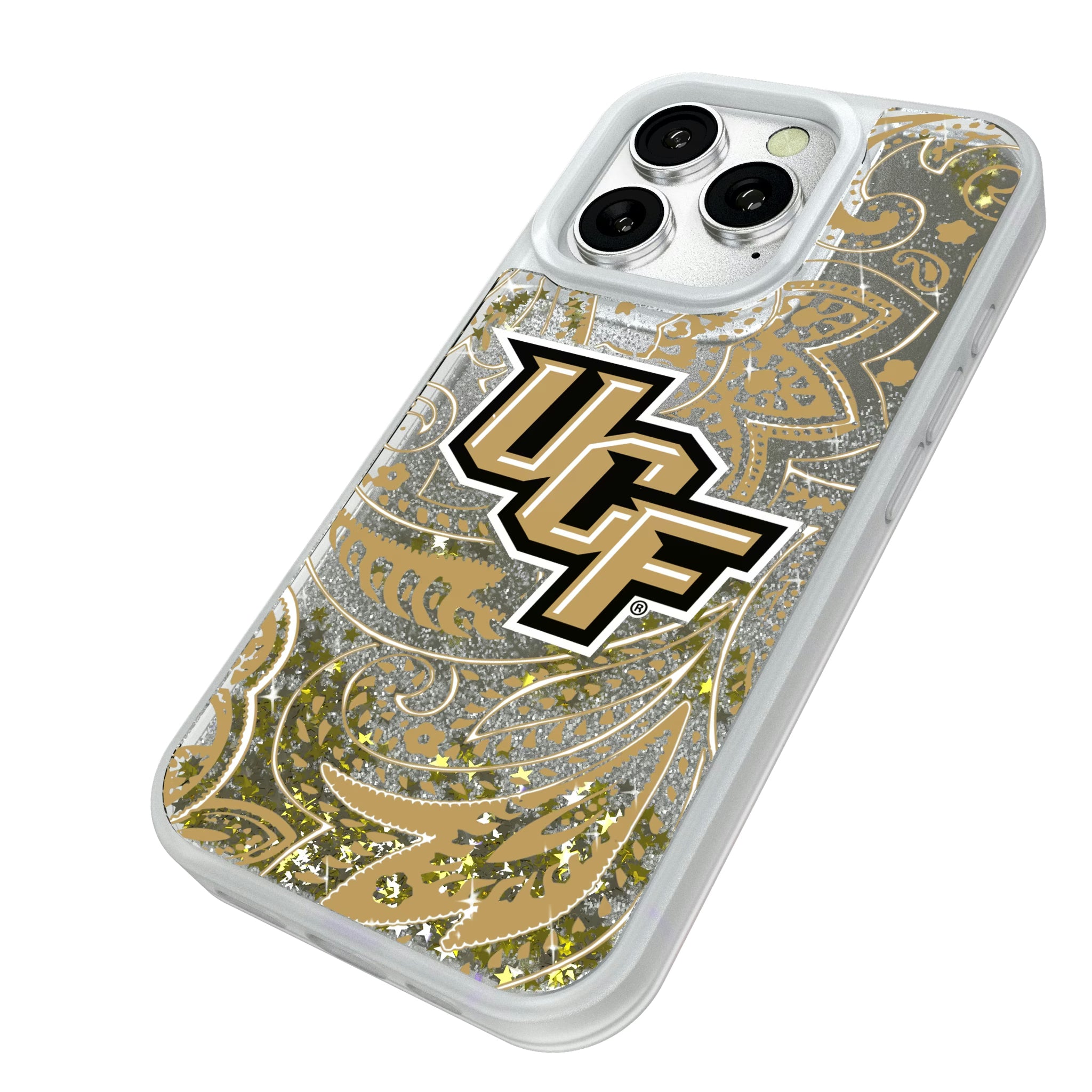 University of Central Florida Golden Knights Paisley iPhone Glitter Phone Case for Apple iPhone - Isometric View#Device_iPhone 16 Pro
