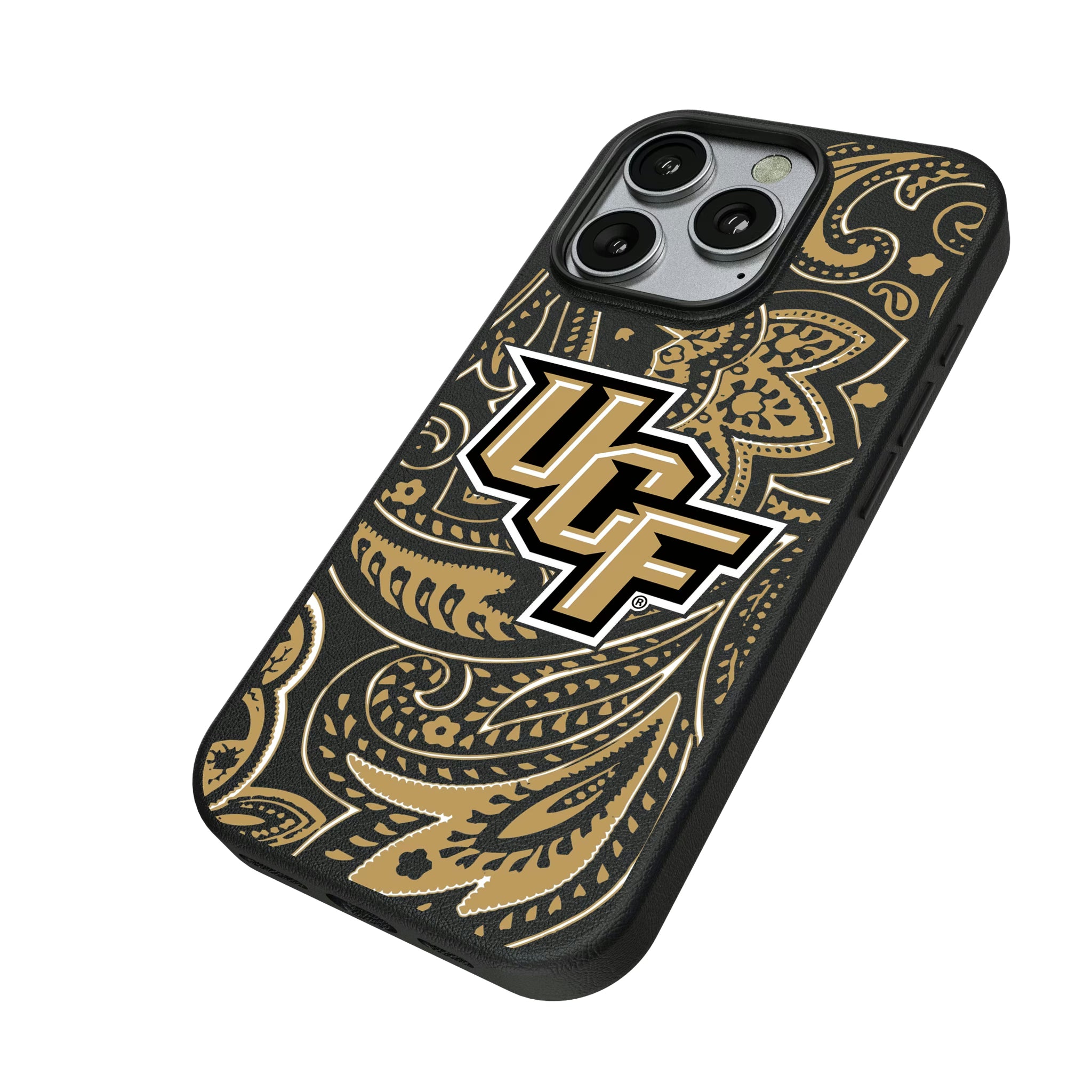 University of Central Florida Golden Knights Paisley iPhone MagSafe Compatible Phone Case for Apple iPhone - Isometric View