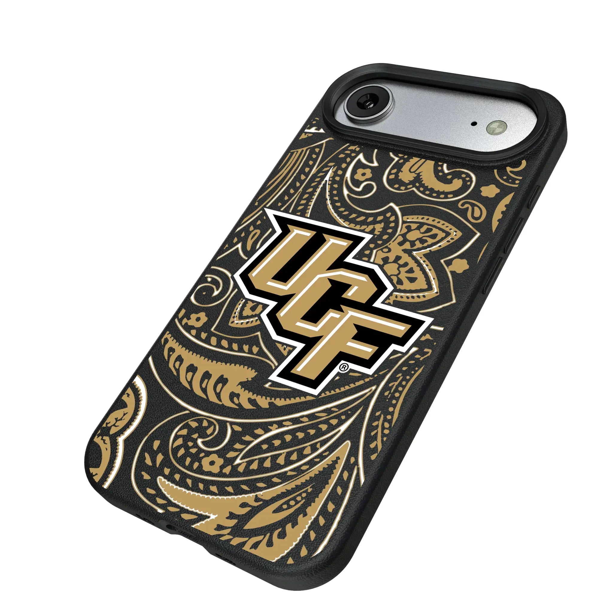 University of Central Florida Golden Knights Paisley iPhone MagSafe Compatible Phone Case for Apple iPhone - Isometric View#Device_iPhone Air