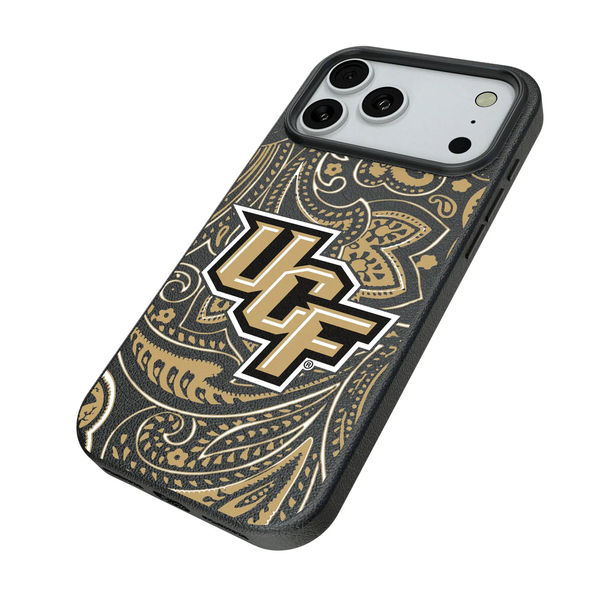 University of Central Florida Golden Knights Paisley iPhone MagSafe Compatible Phone Case for Apple iPhone - Isometric View#Device_iPhone 18 Pro Max