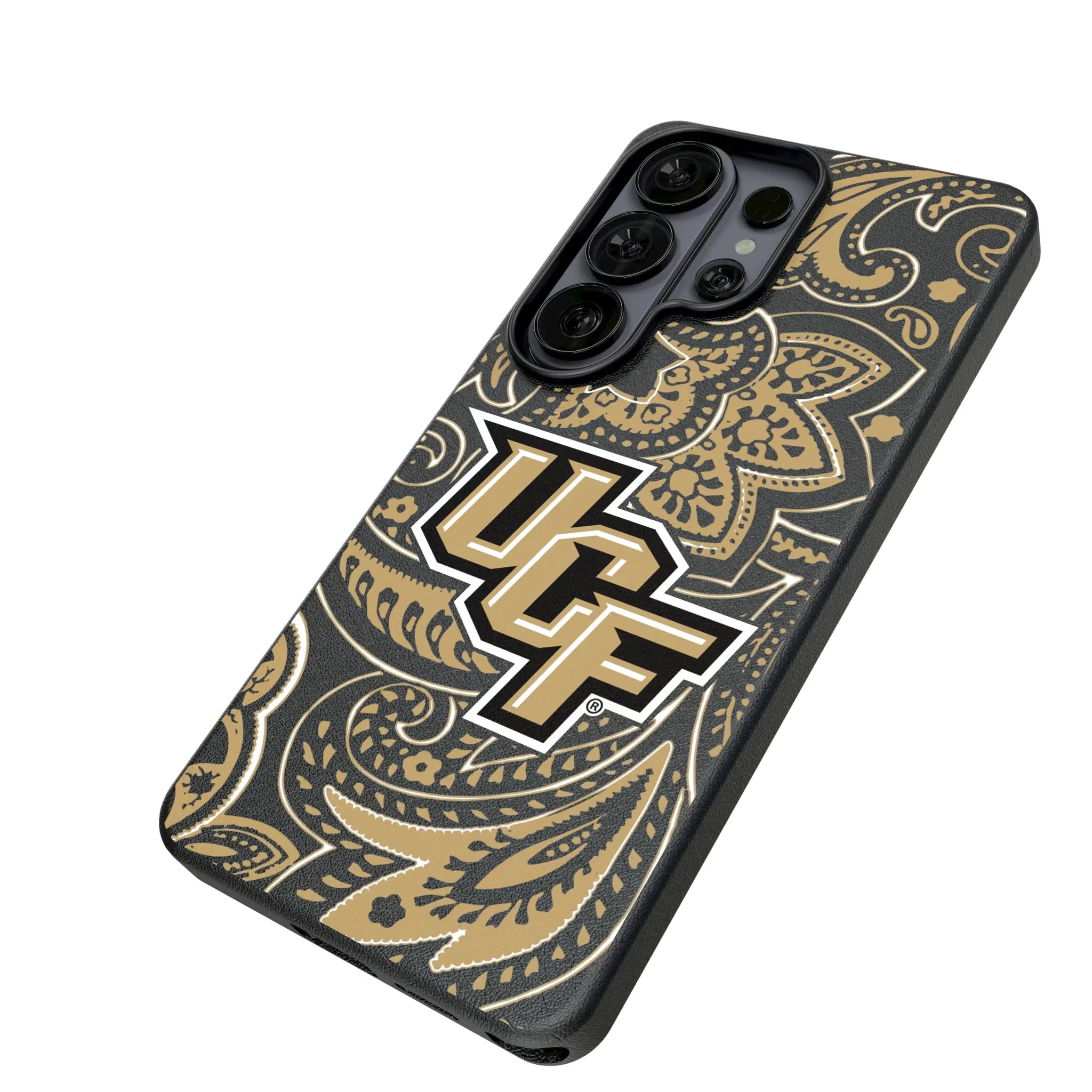 University of Central Florida Golden Knights Paisley Galaxy MagSafe Compatible Phone Case for Samsung Galaxy - Isometric View#Device_Galaxy S26 Ultra