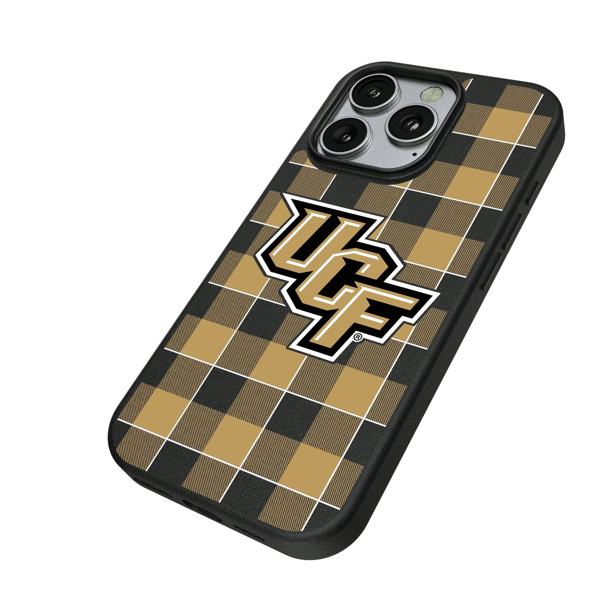 University of Central Florida Golden Knights Plaid iPhone MagSafe Compatible Phone Case for Apple iPhone - Isometric View