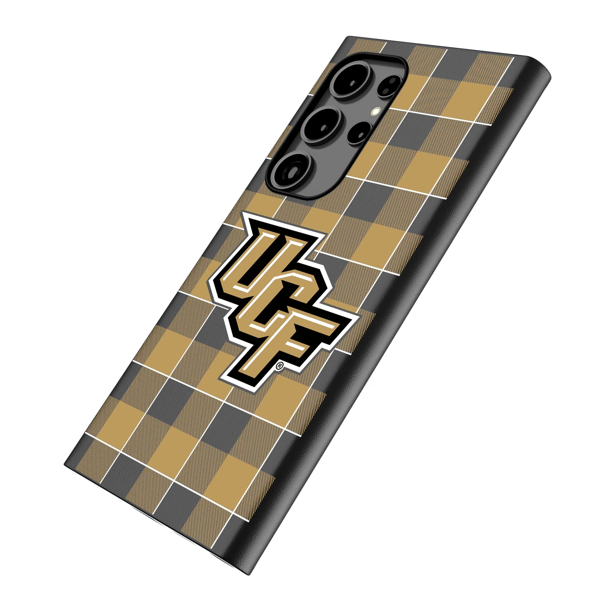 University of Central Florida Golden Knights Plaid Galaxy MagSafe Compatible Phone Case for Samsung Galaxy - Isometric View