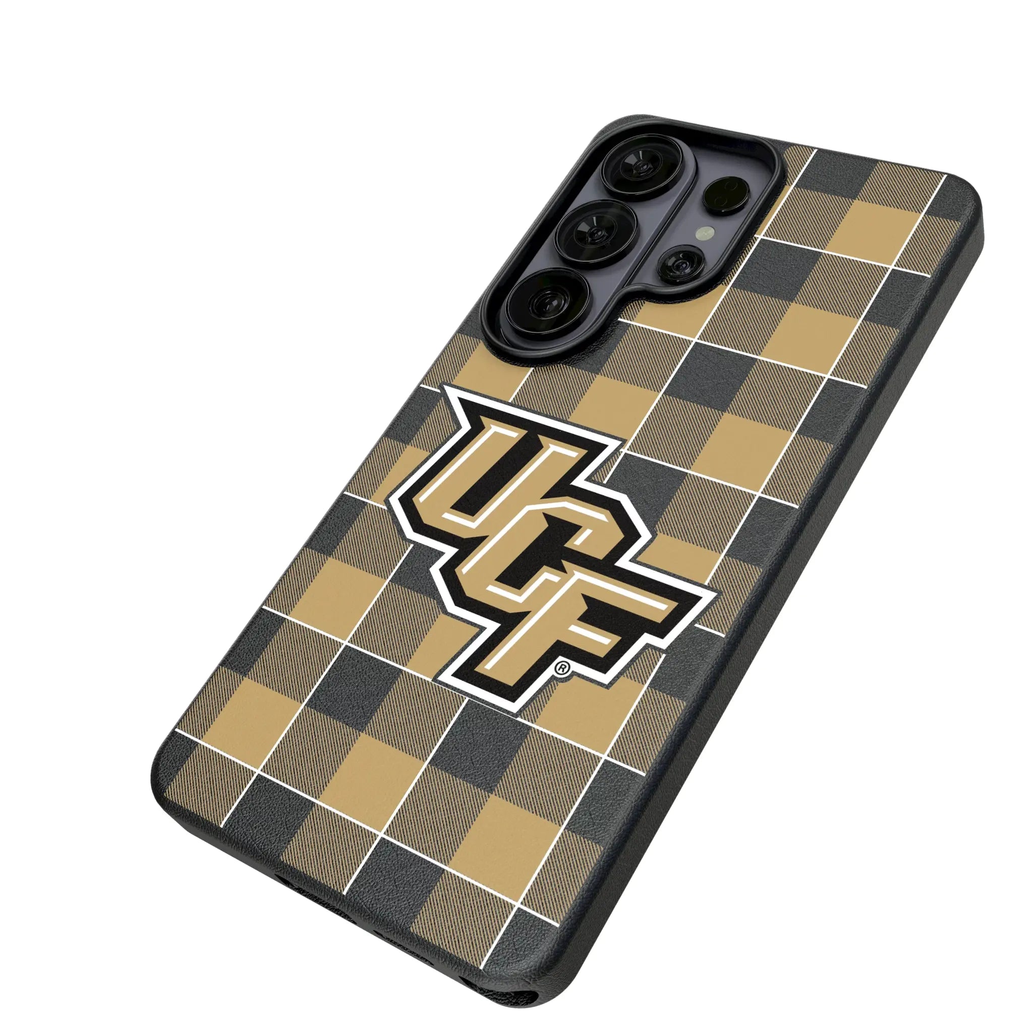 University of Central Florida Golden Knights Plaid Galaxy MagSafe Compatible Phone Case for Samsung Galaxy - Isometric View#Device_Galaxy S26 Ultra