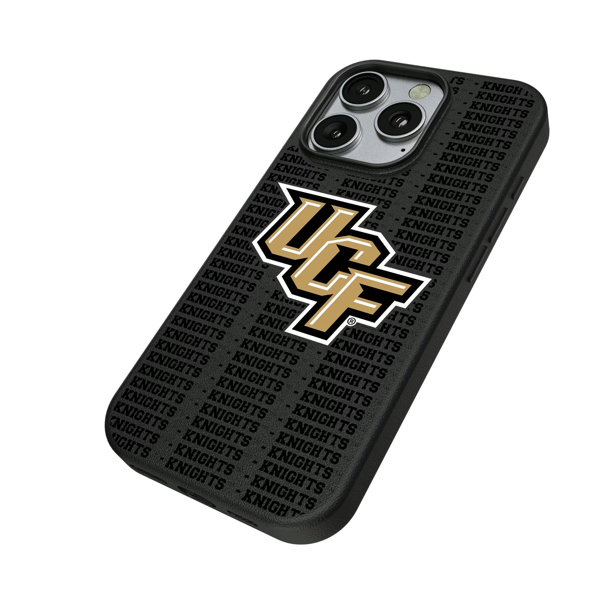 University of Central Florida Golden Knights Text Backdrop iPhone MagSafe Compatible Phone Case for Apple iPhone - Isometric View