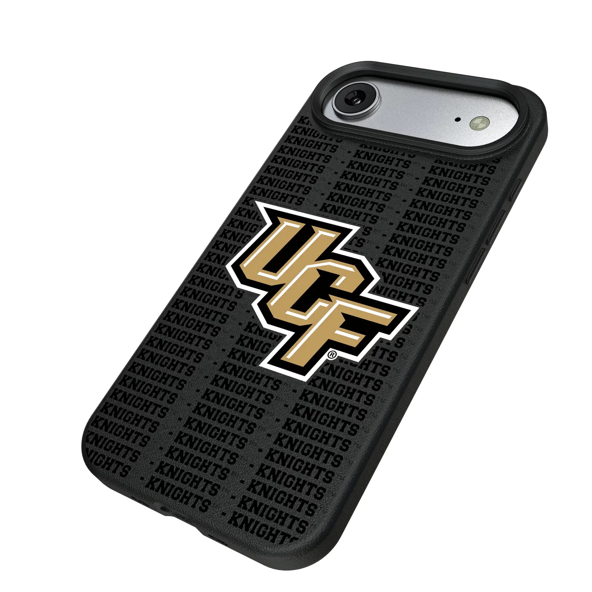 University of Central Florida Golden Knights Text Backdrop iPhone MagSafe Compatible Phone Case for Apple iPhone - Isometric View#Device_iPhone Air