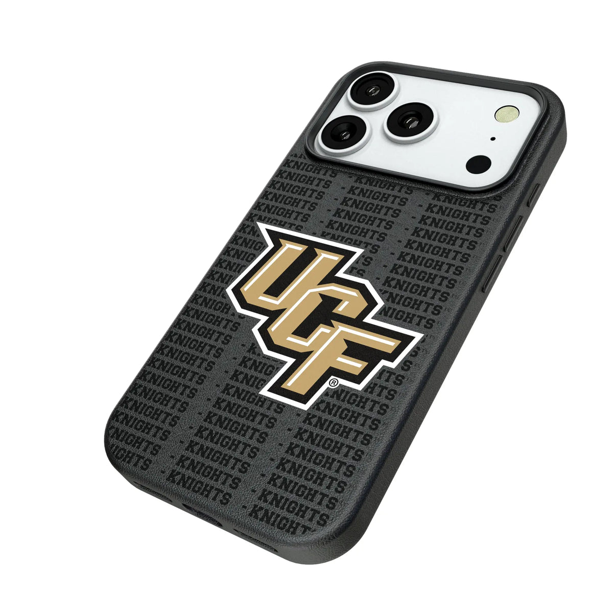 University of Central Florida Golden Knights Text Backdrop iPhone MagSafe Compatible Phone Case for Apple iPhone - Isometric View#Device_iPhone 18 Pro