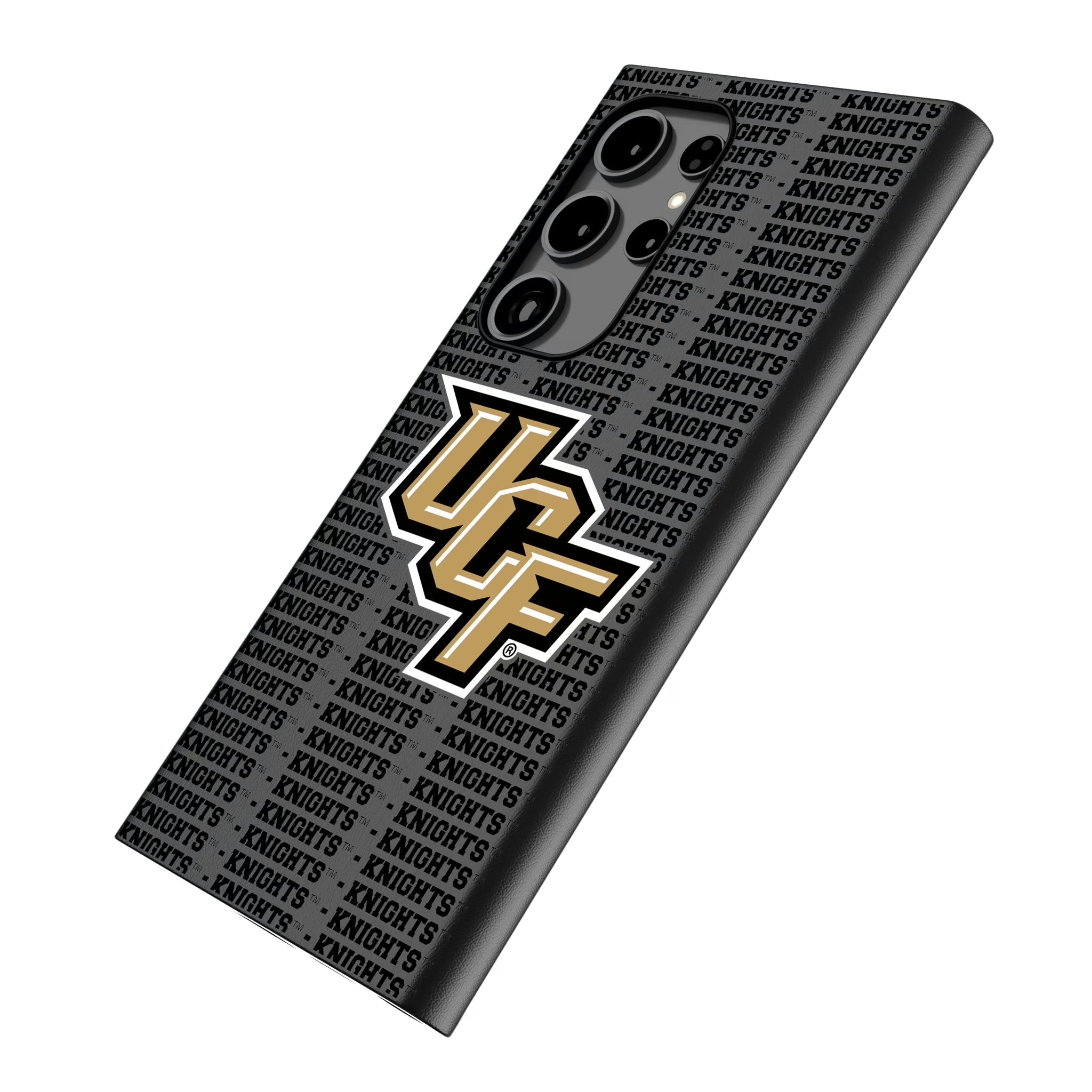 University of Central Florida Golden Knights Text Backdrop Galaxy MagSafe Compatible Phone Case for Samsung Galaxy - Isometric View