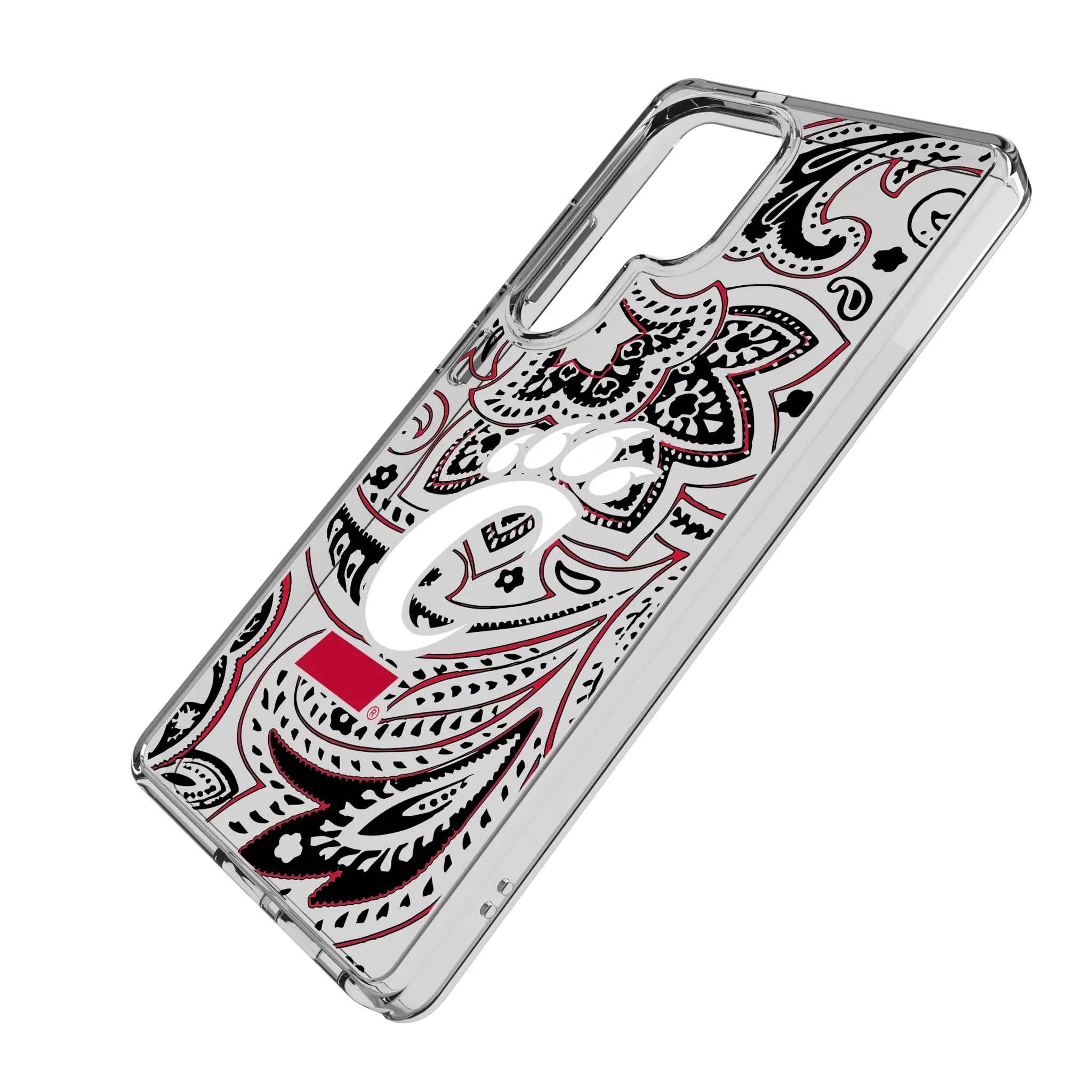 University of Cincinnati Bearcats Paisley Galaxy Clear Phone Case for Samsung Galaxy - Isometric View#Device_Galaxy S25 Ultra