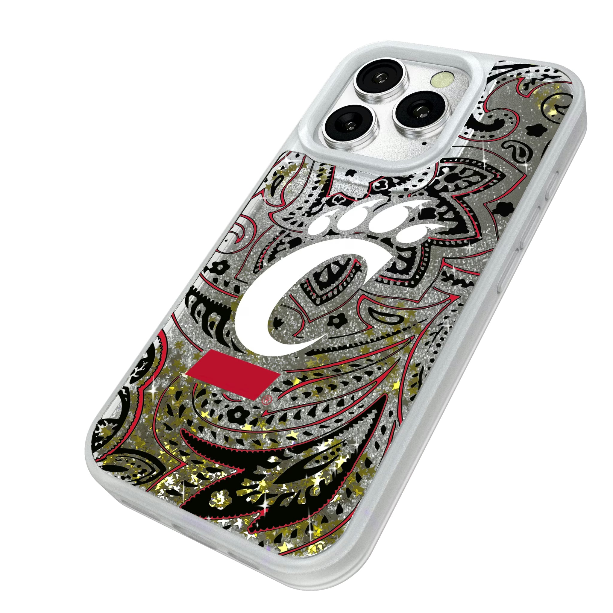 University of Cincinnati Bearcats Paisley iPhone Glitter Phone Case for Apple iPhone - Isometric View#Device_iPhone 16 Pro